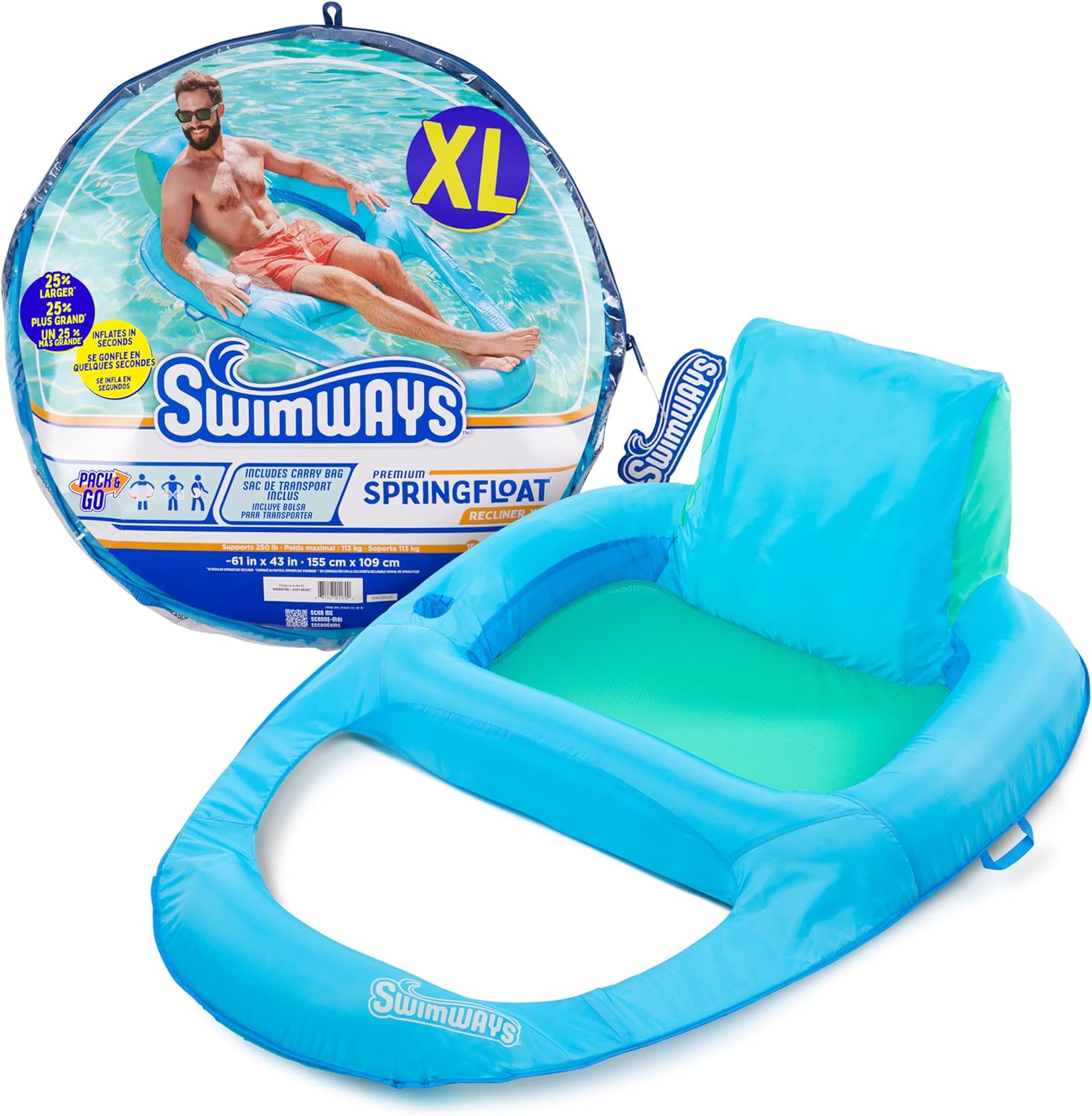 SwimWays Spring Float Recliner Chair for Swimming Pool, Inflatable Pool Floats Adult with Fast Inflation, Cup Holder & Foot Rest for Ages 15 & Up