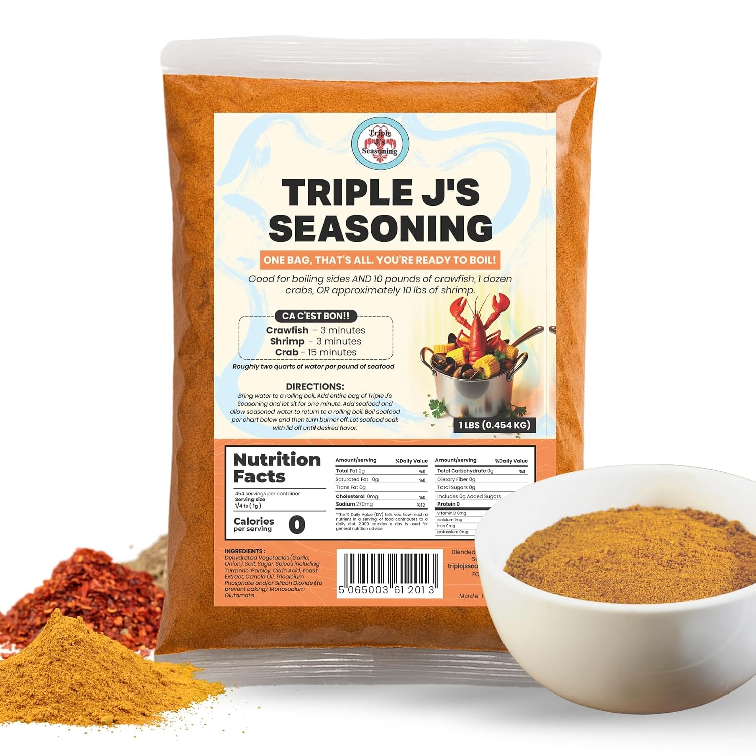 Triple J's Authentic Louisiana Crab Boil Seasoning, Seafood Boil, 1 lb