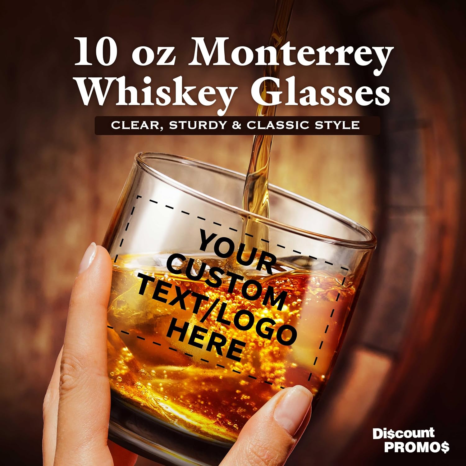 DISCOUNT PROMOS Custom Whiskey Glasses 10 oz Set of 10/50/100, Personalized Bulk Pack - Heavy Base Old Fashioned Glass, Perfect for Scotch, Bourbon