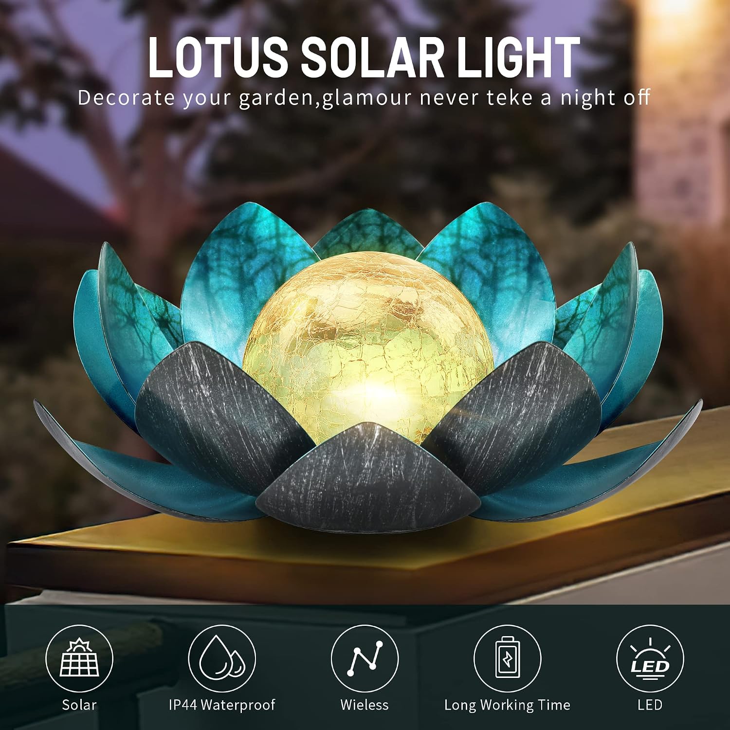 Outdoor Solar Lights, Garden Decor, Crackle Glass Globe, Waterproof Metal Lotus Flower Light for Patio, Lawn, Walkway, Tabletop, Ground