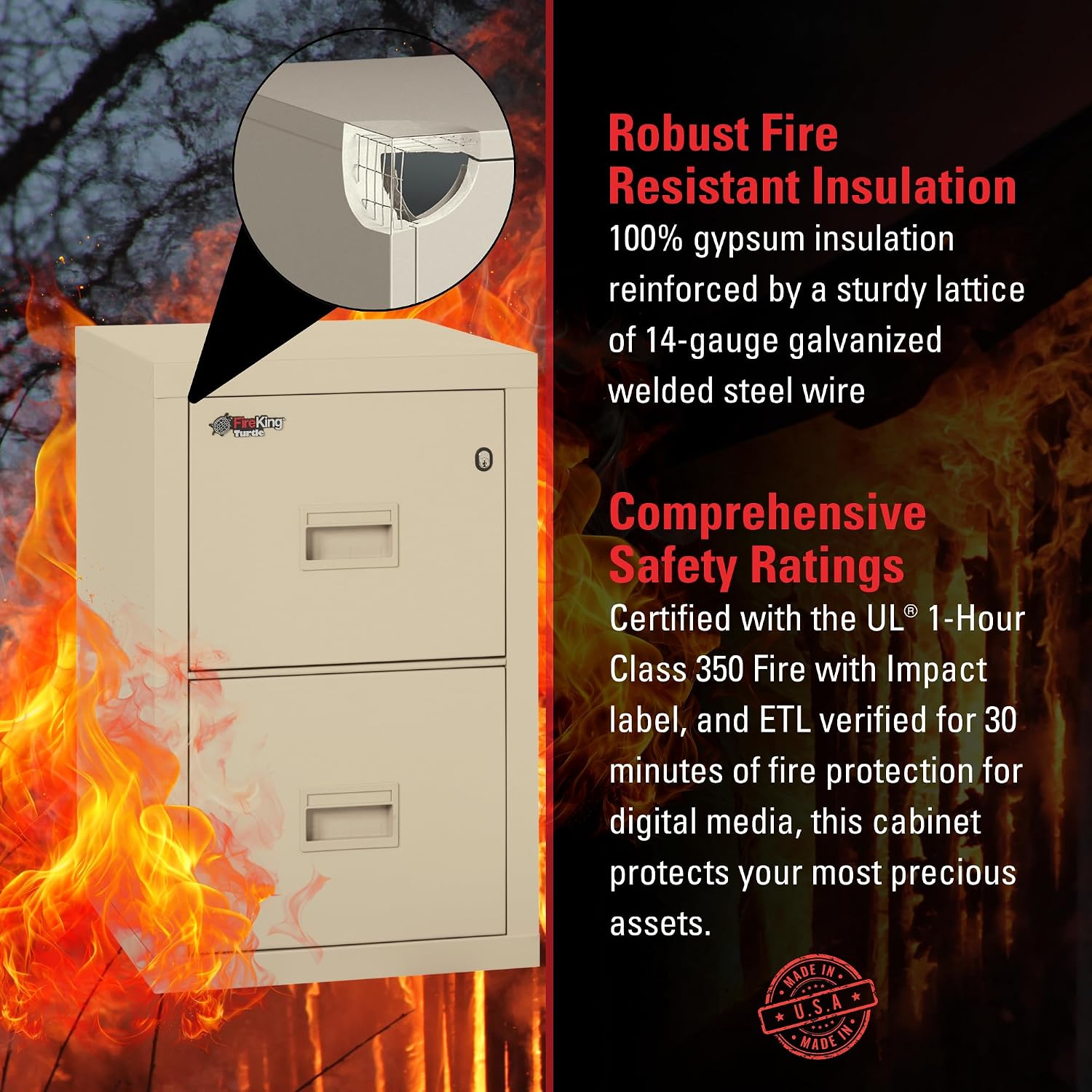 FireKing Turtle Vertical 2 Drawer Fire Rated File Cabinet, Black | 1 Hour Fire Rated Filing Cabinet - UL Class 350 - Water Resistant - Key Lock - Made in USA