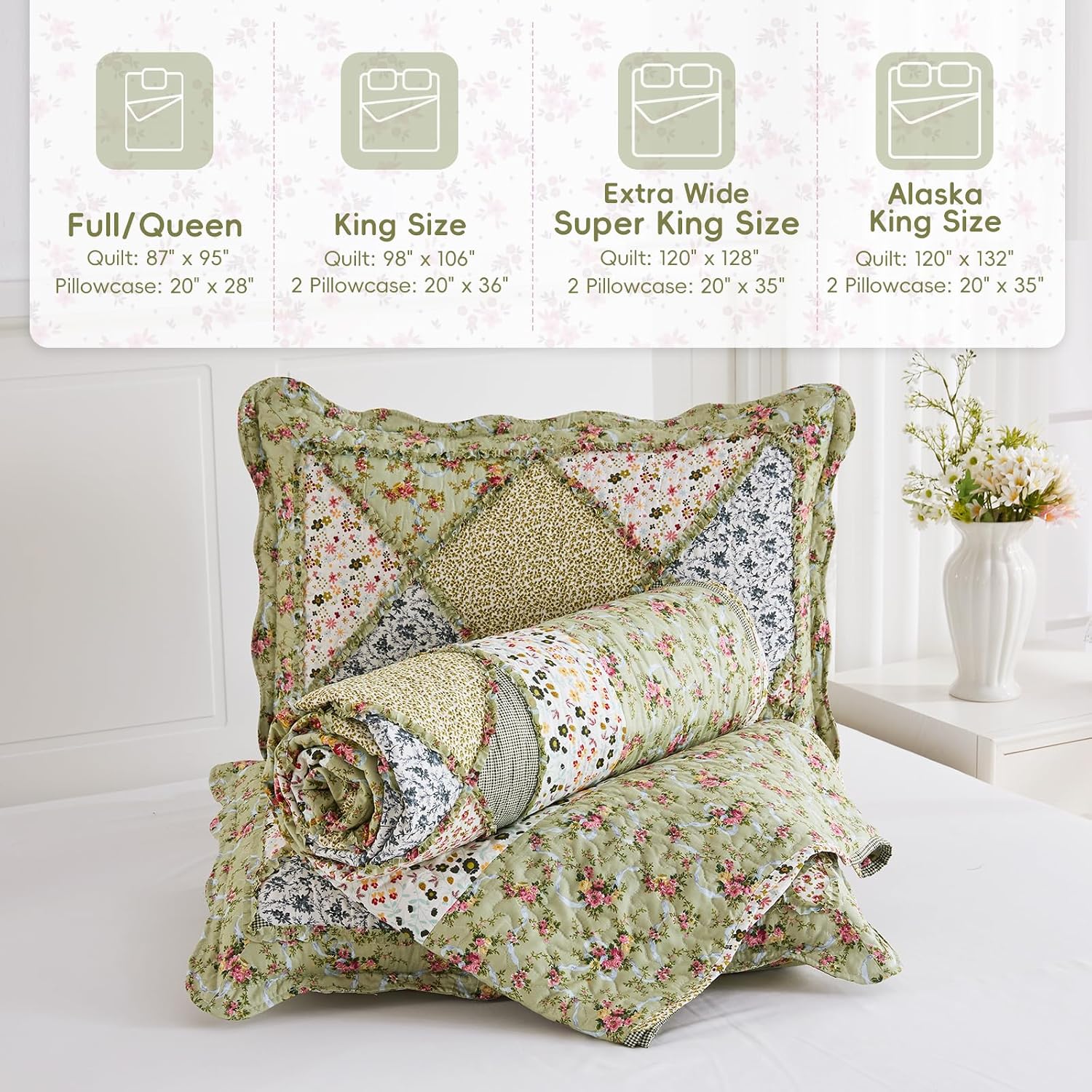 VIVILINEN Blue Floral Patchwork Quilt Set, Full Queen Size, 3 Piece Bedding Set with 2 Pillowcases