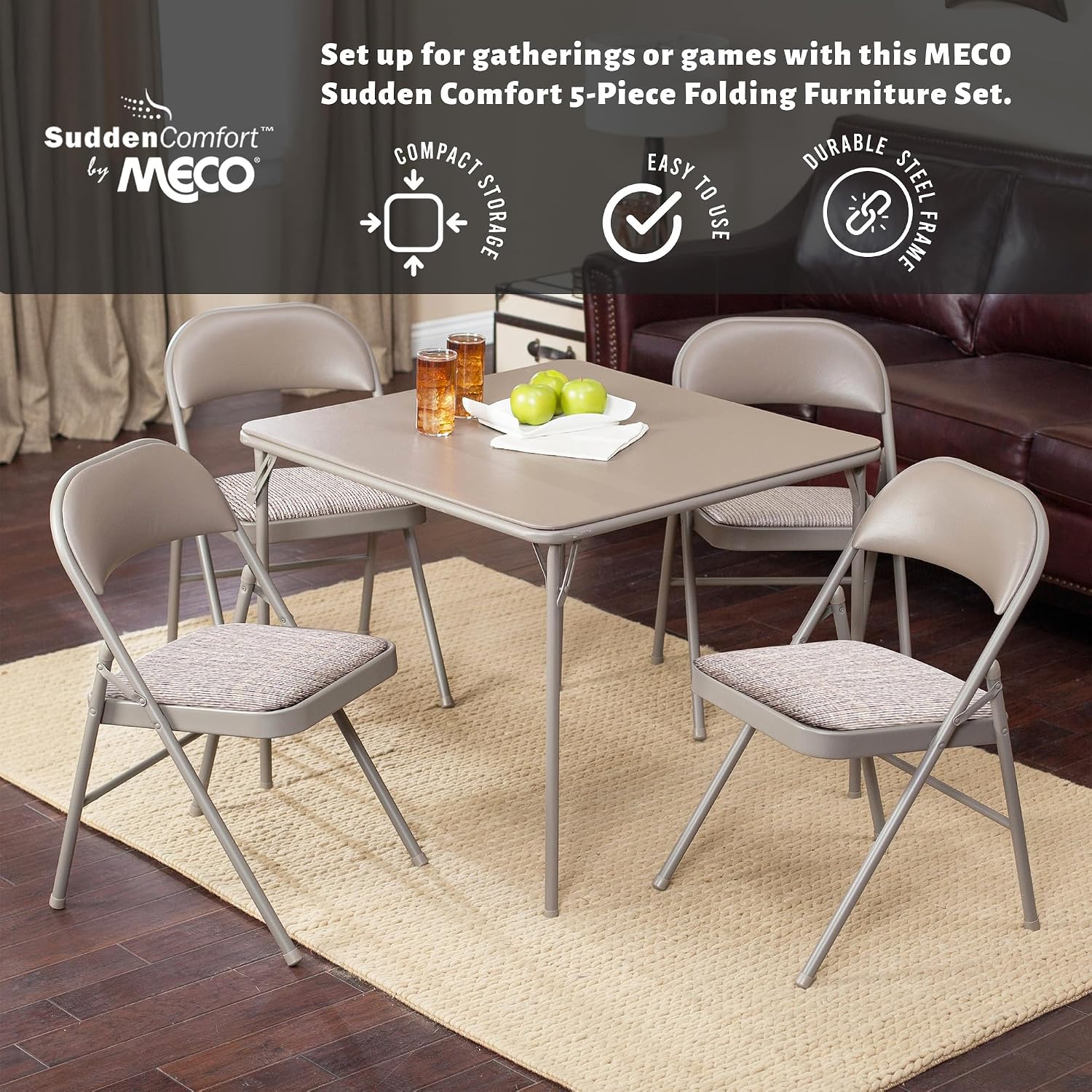 Sudden Comfort 5 Piece 34 x 34 Inch Square Folding Dining Card Table, Tan | with 4 Padded Folding Chairs Furniture Set for Gatherings and Games