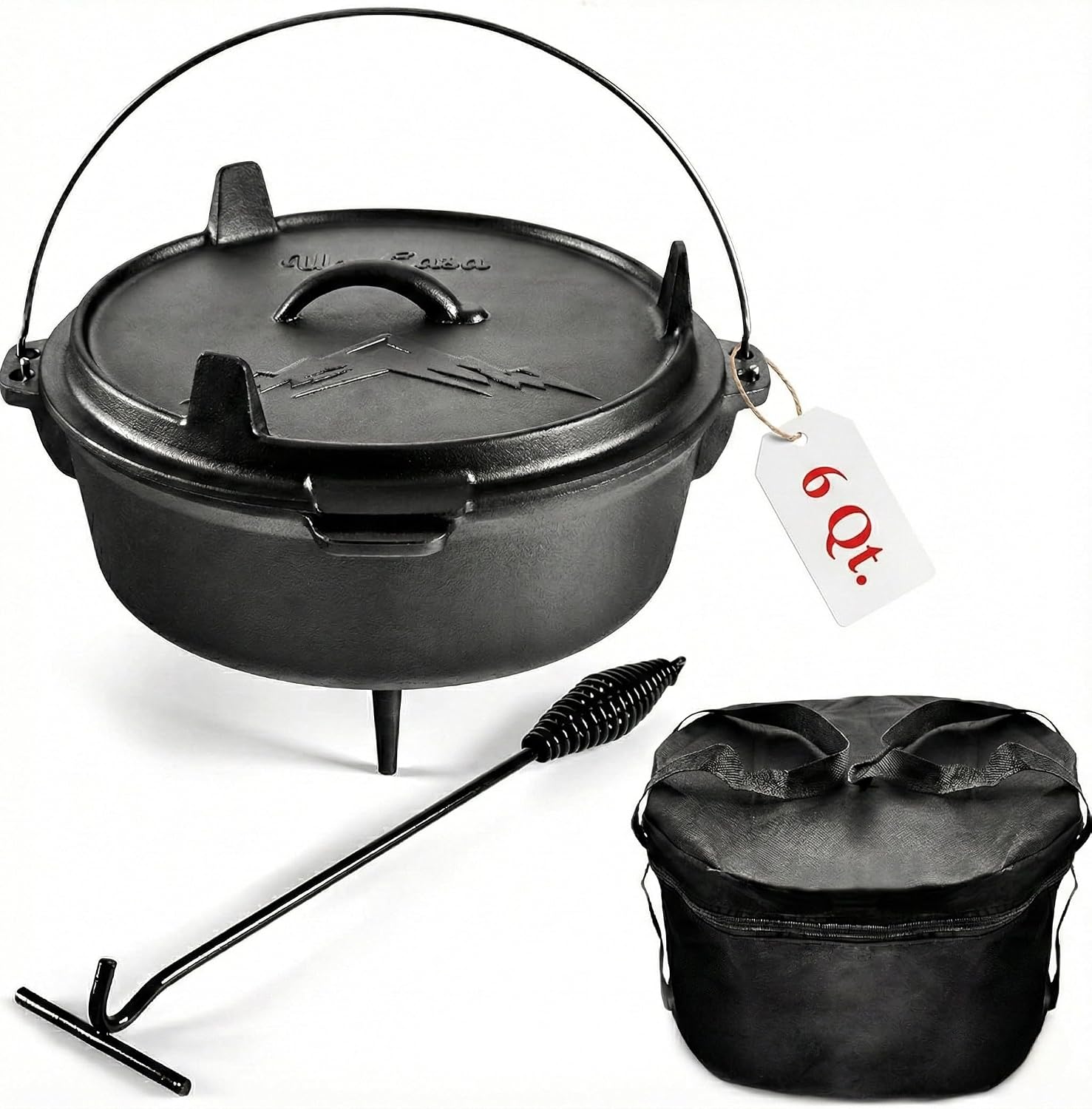 Uno Casa 6Qt Cast Iron Camping Dutch Oven with Lid Lifter and Storage Bag - Pre-Seasoned Outdoor Dutch Oven for Campfire Cooking, Stews