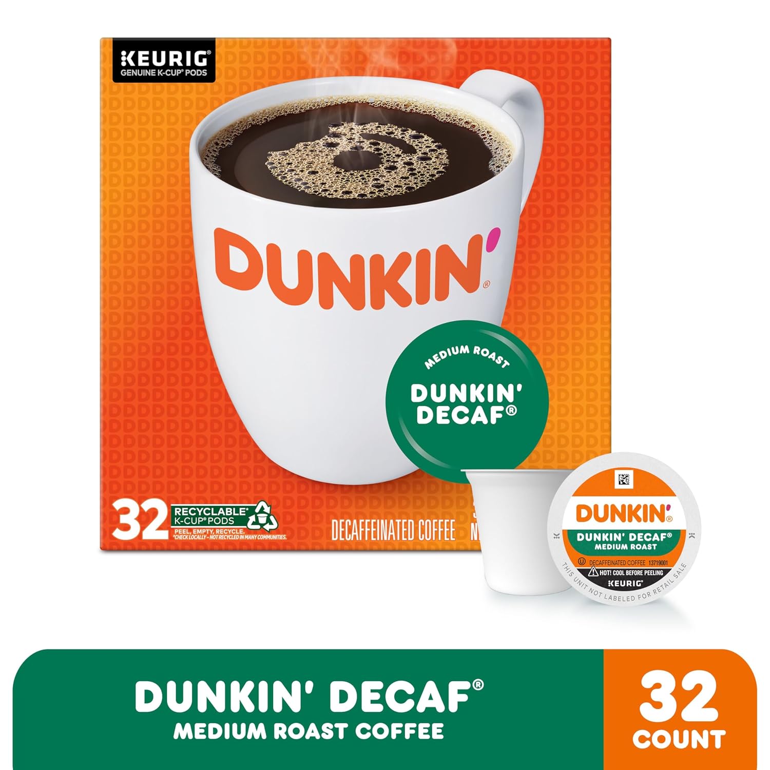 Dunkin’ Decaf Medium Roast Coffee, Keurig K-Cup Pods, 60 Count
