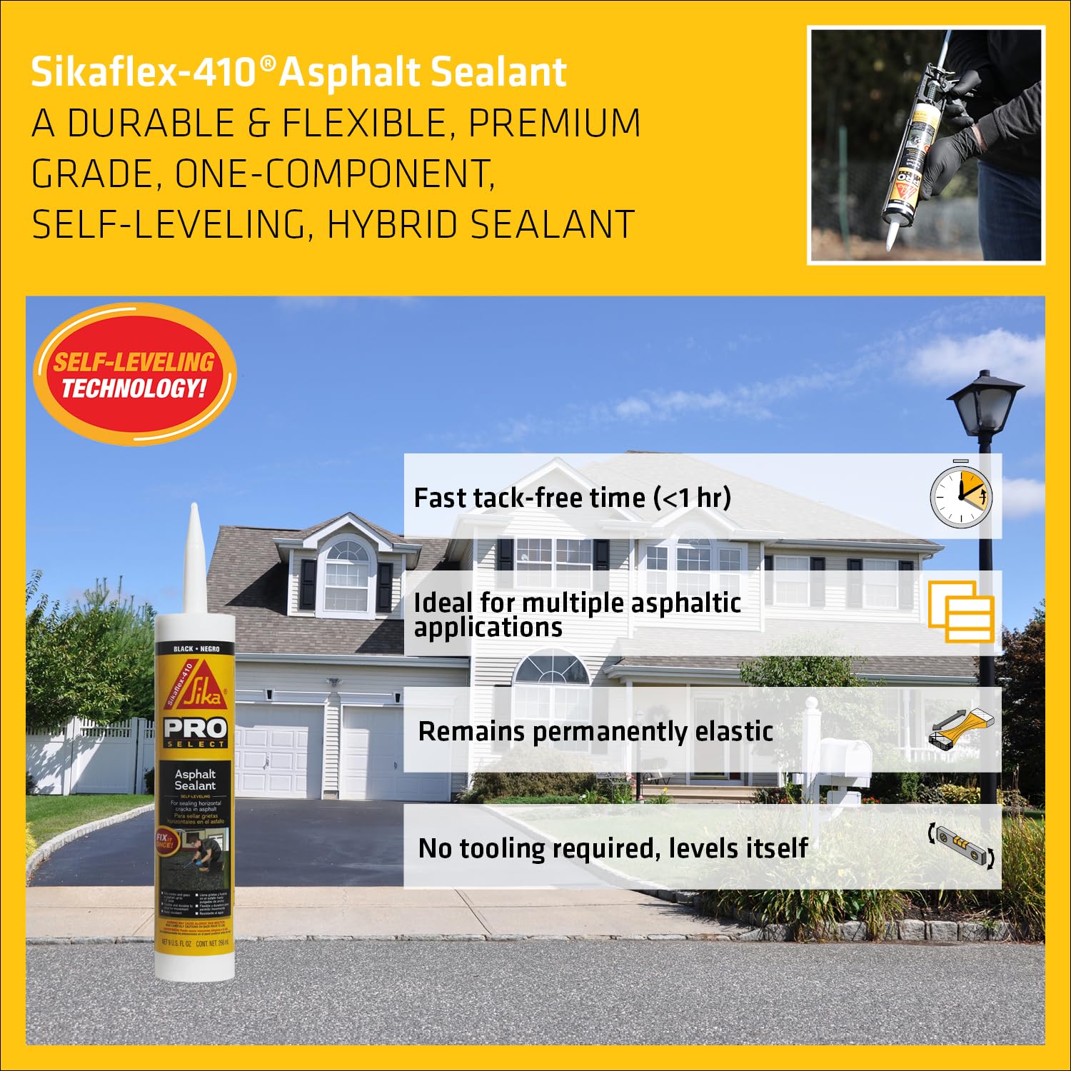 SIKA Sikaflex-410 Asphalt Sealant, Black, Self-Leveling Hybrid Sealant for Filling Cracks in Asphalt Driveways, Roadways