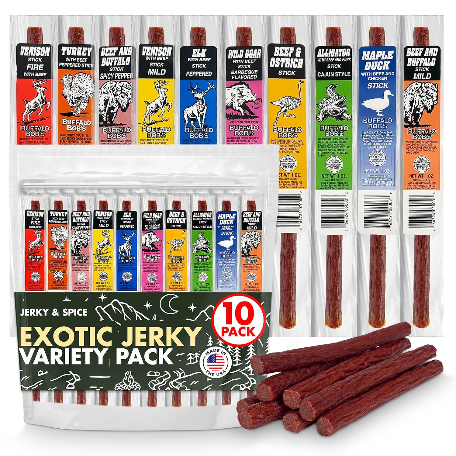 Jerky-n-Spice Wild Game Exotic Meat Sticks (10-Pack) | Ultimate Beef Jerky | Savory Snacks Variety Pack for Adults | Perfect Gifts for Anniversary, Camping, Hunting & Birthday Events