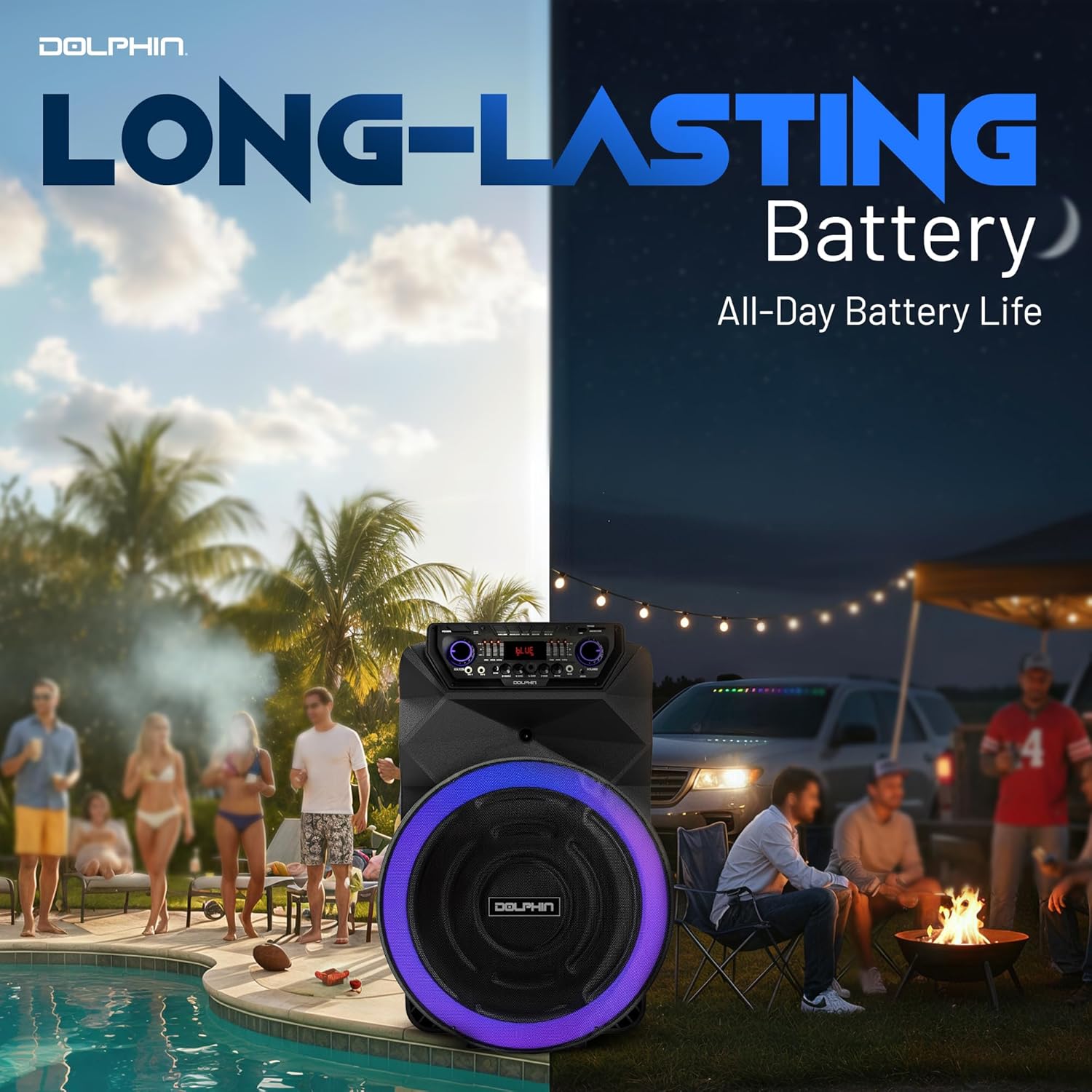 Dolphin Bluetooth Party Speaker with Wireless Microphone, 18" Woofer | 4500W Output, LED Lights, USB, SD, AUX & Guitar Inputs, 12V Input