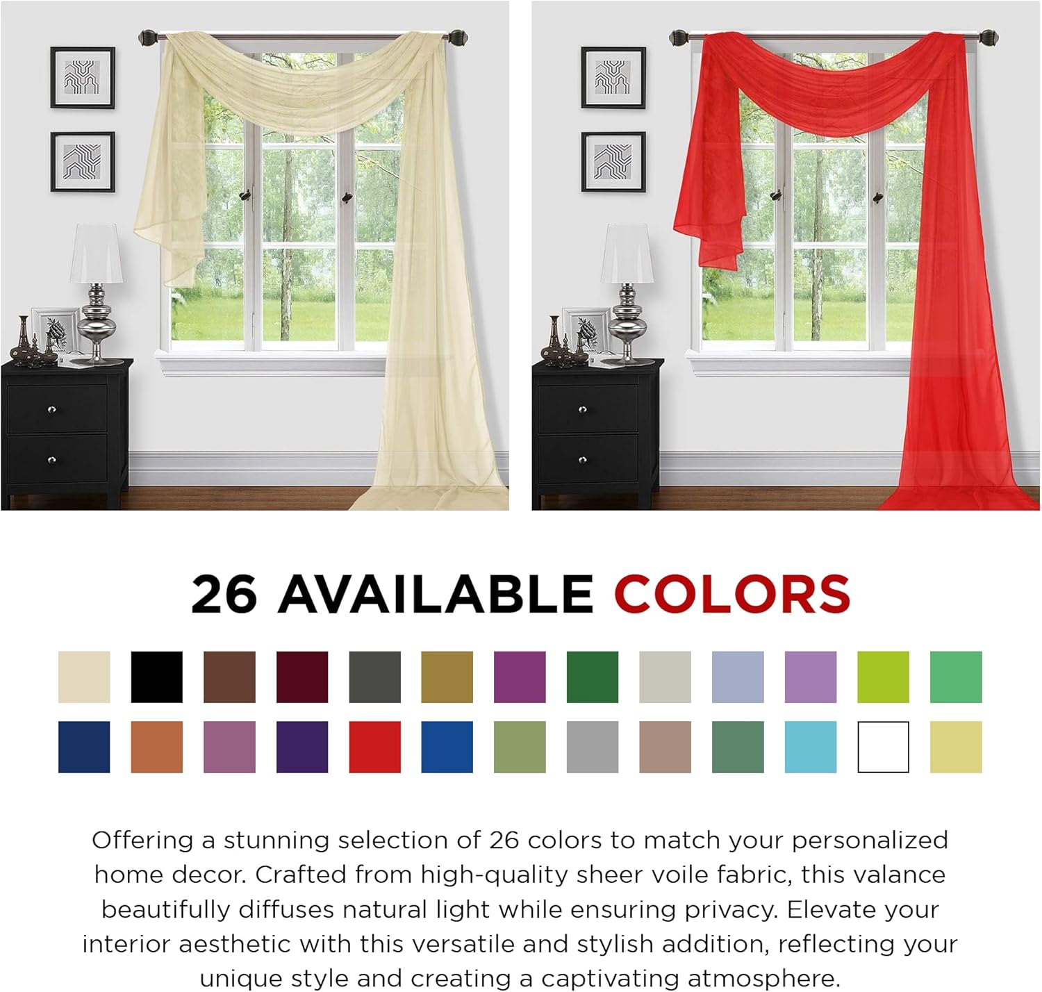 Sapphire Home Window Scarf Valance Curtains - Extra Long Sheer Valances for Windows - Voile Swag Curtains for Living Room, Kitchen, and Bedroom Decor