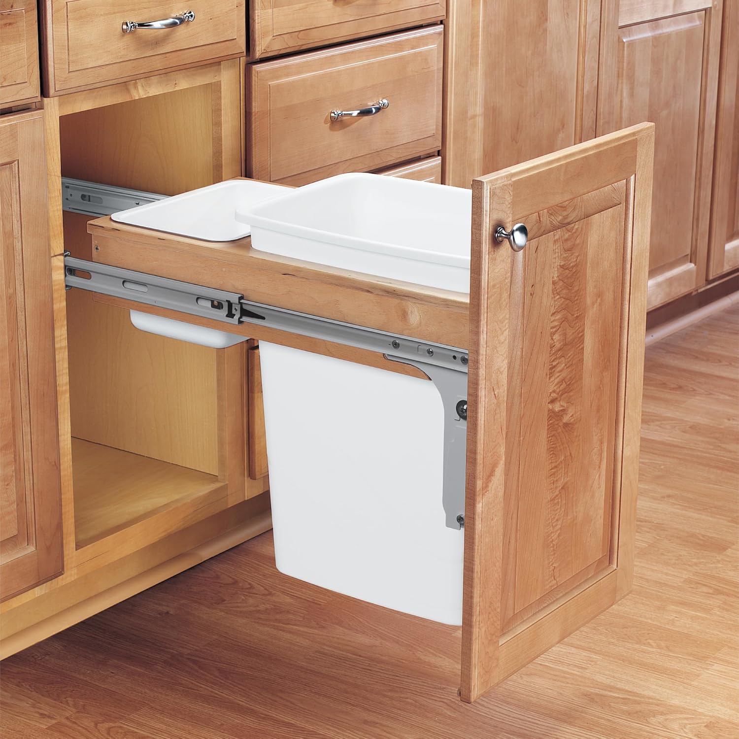 Rev-A-Shelf 35 Qt Top Mount Double Pullout Under Cabinet Kitchen Trash Cans for Base Cabinets, 150 Pound Rated Full-Extension Slides, Min Opening Width of 14.75", White, 4WCTM-18DM2-162