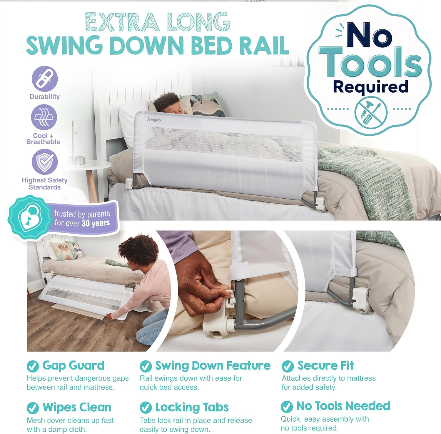 Regalo Safety 54” Extra Long Hideaway Bed Rail Guard for Toddlers, Toddler Bed Rail with Reinforced Anchor Safety System, 20” Tall Bed Safety Rail, Fits Twin, Full & Queen Beds