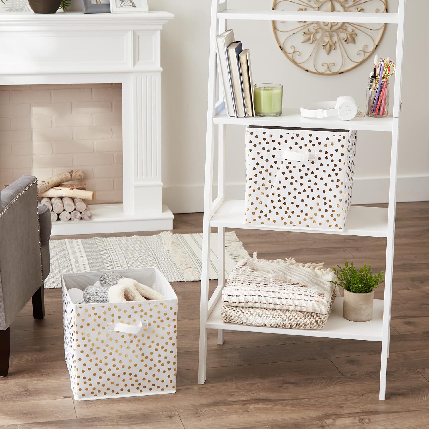 DII Woven Polyester Storage Bin, Polka Dot, White & Gold, Large Set of 2