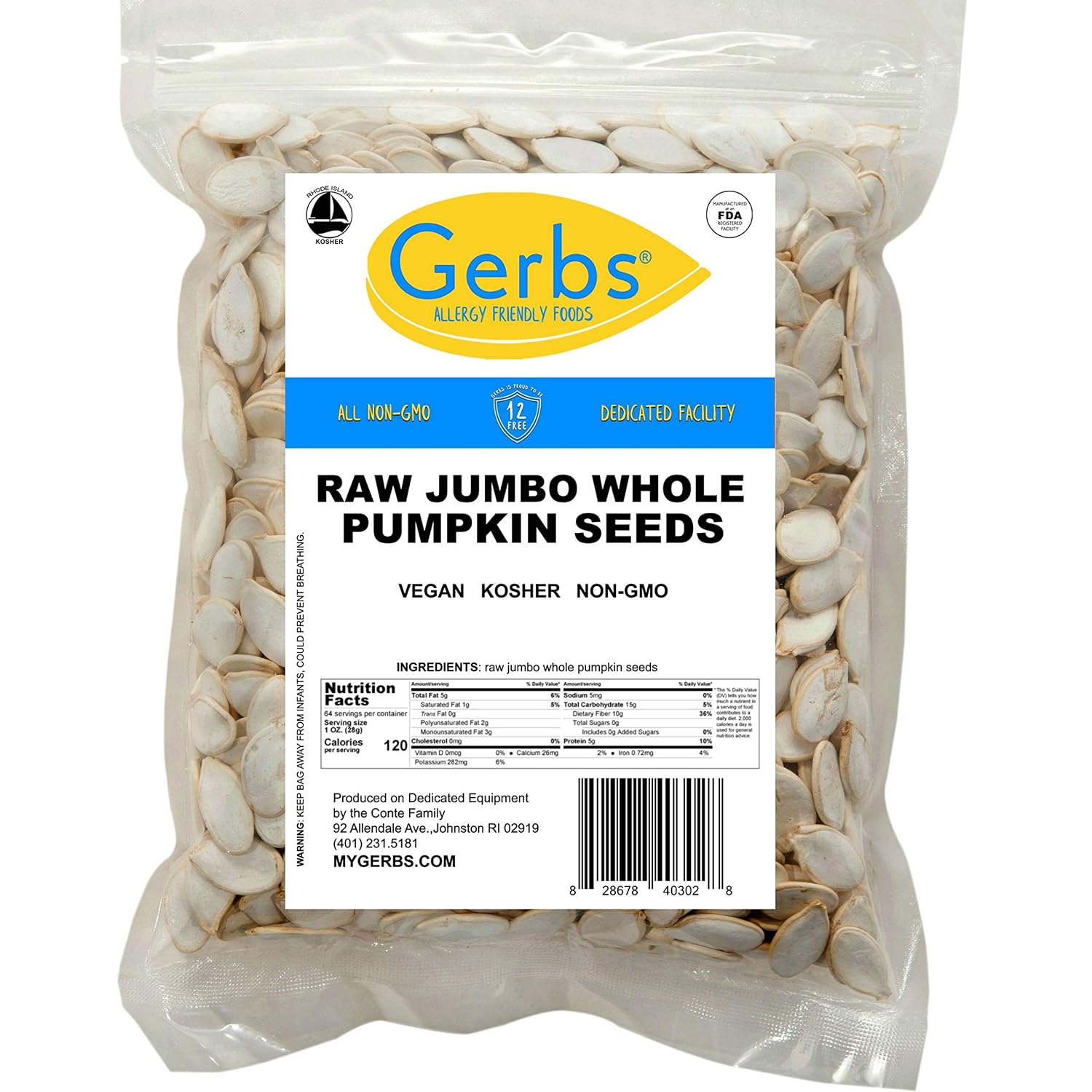 Gerbs Raw Whole Pumpkin Seeds 2 lbs. | In-Shell, 10.5 mm Size, Resealable Bag | Mildly Nutty & Crunchy | Top 14 Allergen-Free