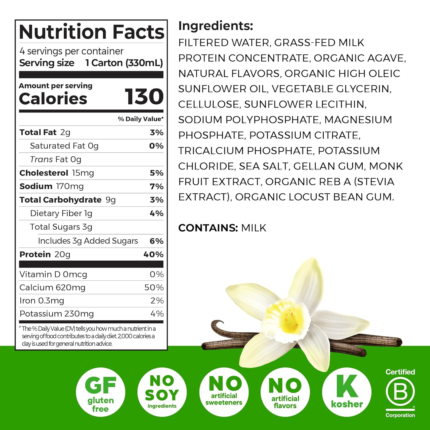 Orgain 20g Clean Grass Fed High Protein Shake, Vanilla, 11 oz, 12pk | Ready to drink dairy grass fed high protein, non-GMO, no soy ingredients, gluten-free, kosher, low net carbs