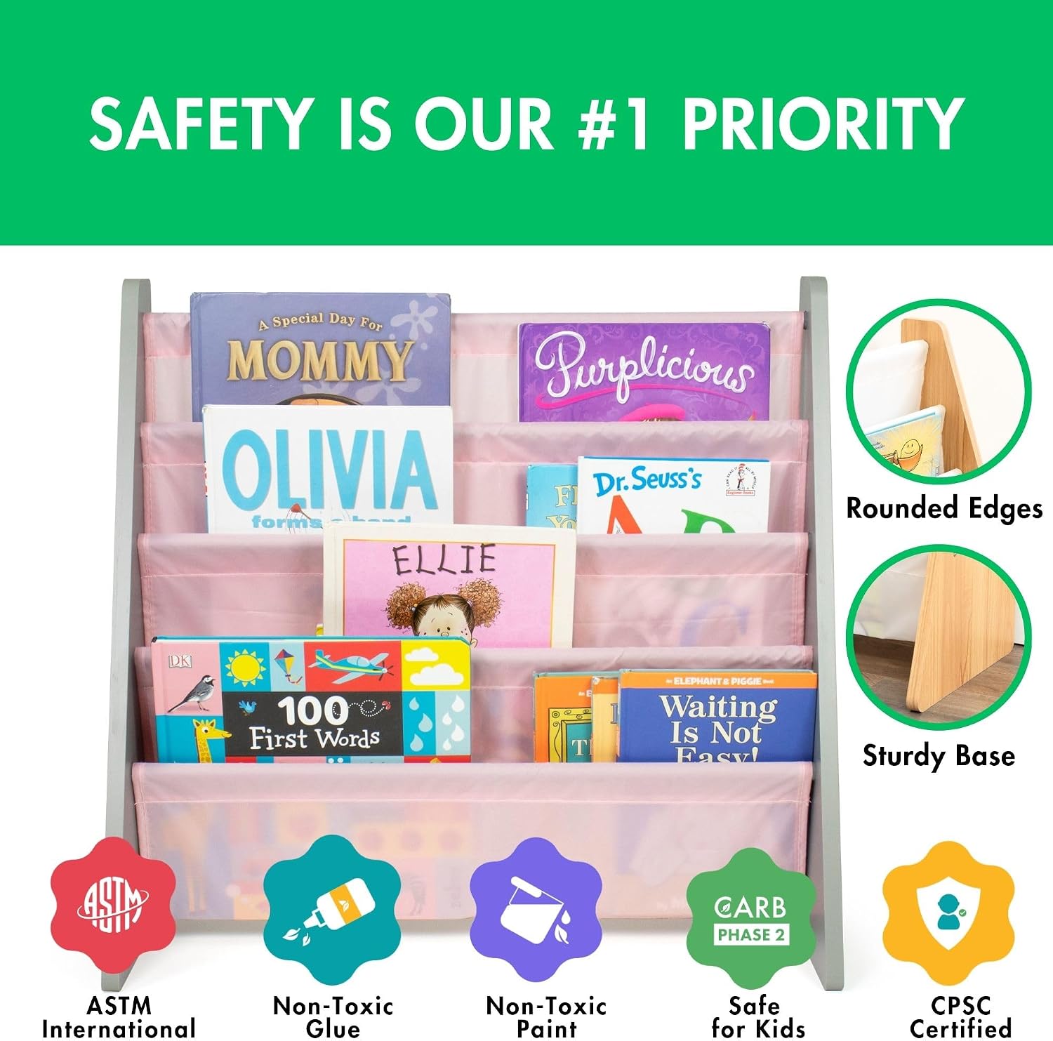 Humble Crew Kids Bookshelf, Montessori Front Facing Toddler Bookcase 4 Tier | Book display rack and reading nook organizer, nylon pockets show covers face out, compact for any playroom or bedroom space