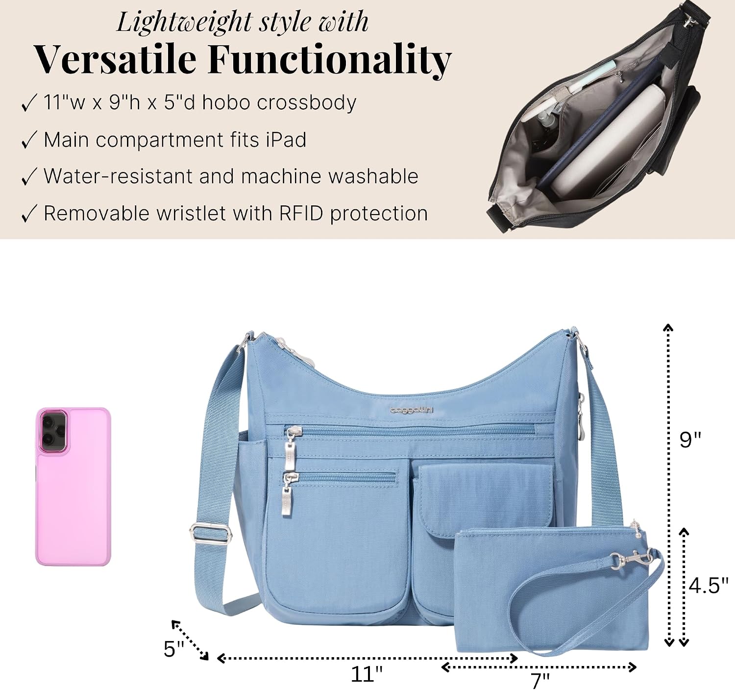 Baggallini womens Everywhere Bagg Crossbody Women 11x9 Lightweight Nylon Hobo Water-resistant Travel Bag W/Rfid