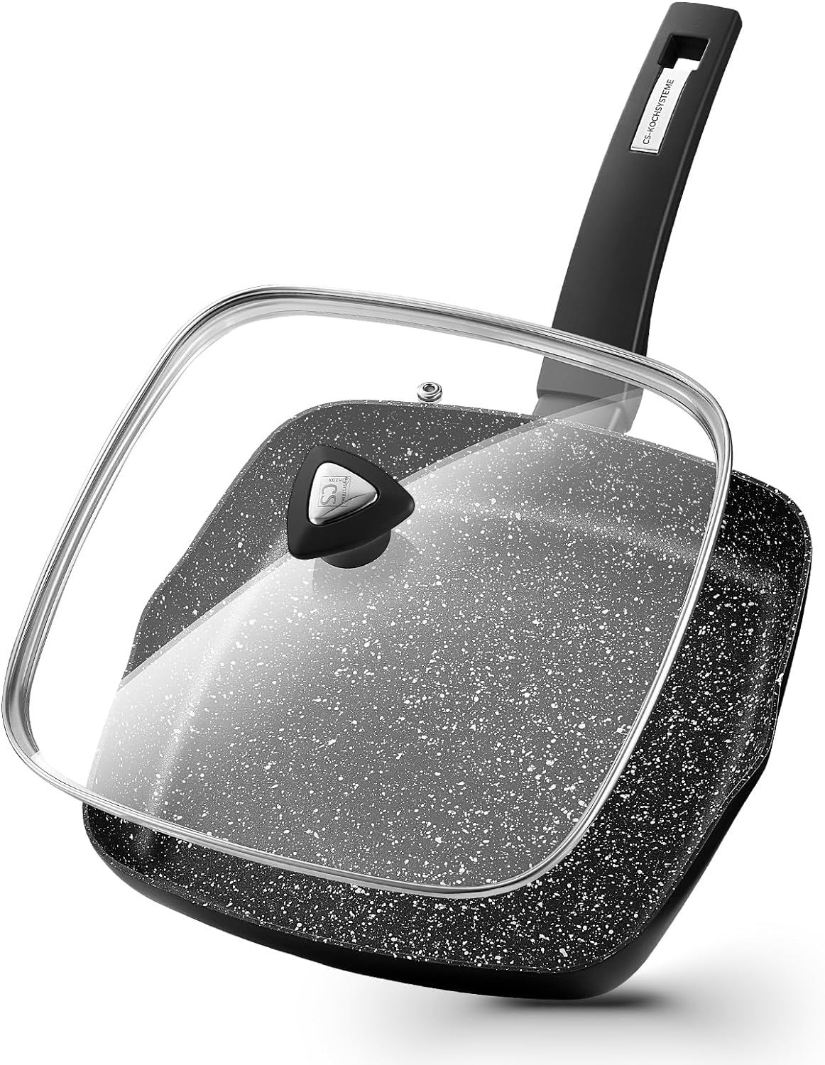 KOCH SYSTEME CS 9.5 Inch Nonstick Grill Pan for Stove Tops, Marble Coating Square Grill Skillet with Lid, Fry Pan Compatible with all Stoves
