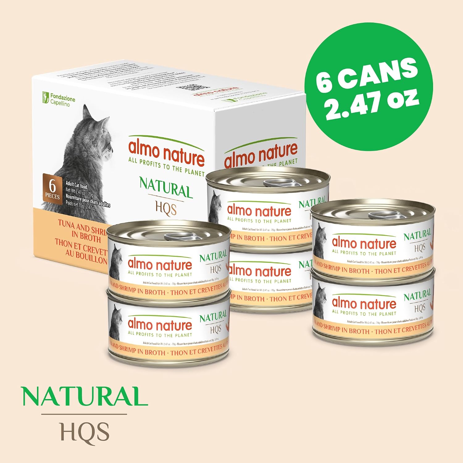 almo nature HQS Natural Wet Cat Food Tuna and Shrimp, Grain Free, Additive Free - 2.47oz - Pack of 6