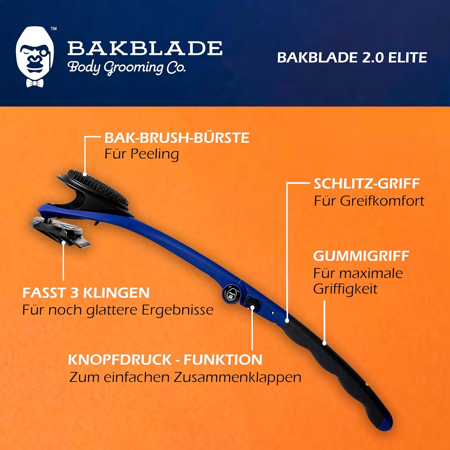 BakBlade 2.0 Elite Back Shaver for Men With Silicone Handle For Grip | Exfoliator Brush Included, 3 Rows of Blades, Ergonomic Foldable Handle