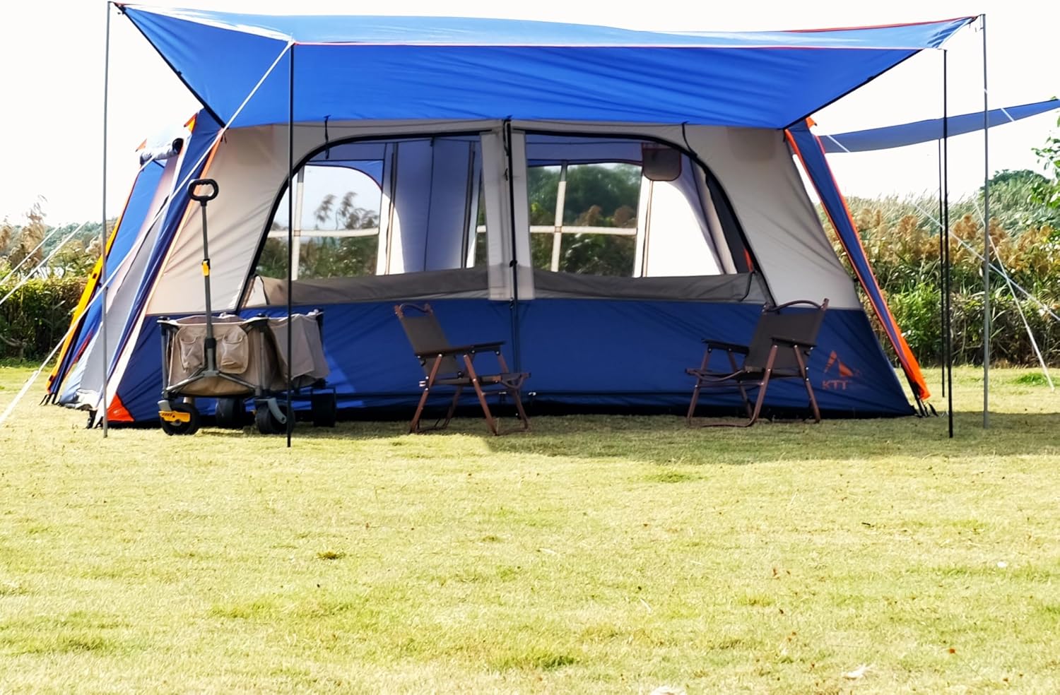 KTT Extra Large Tent 12-14 Person, Family Cabin Tents, 2 Rooms, Straight Wall, 2 Doors 4 Windows with Mesh, Waterproof, Double Layer