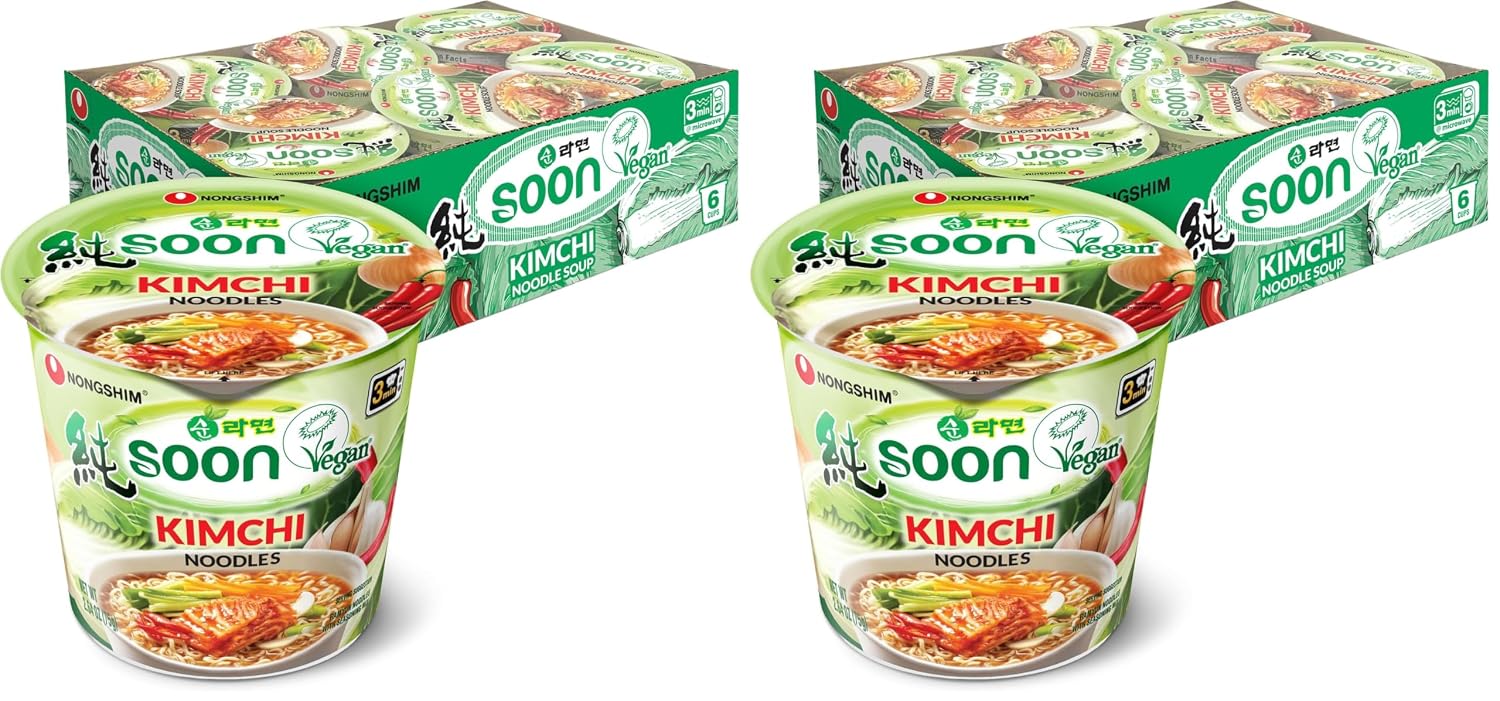 Nongshim Soon Veggie Ramyun Noodles, Signature Korean Instant Ramyun, Vegetable Flavored Broth, Vegan Noodles, Quick & Easy, Microwaveable Cup, 2.64 oz (Pack of 6)