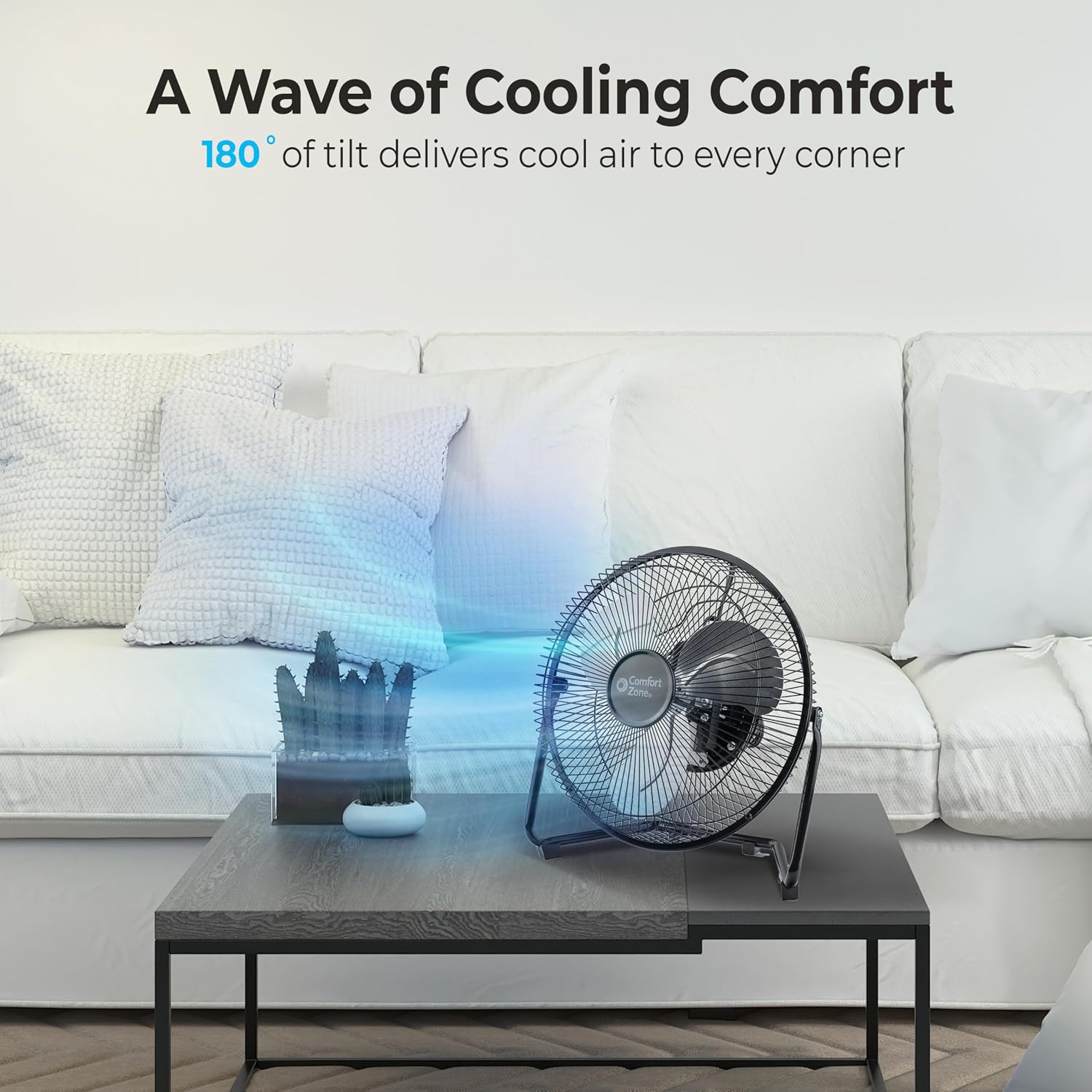 Comfort Zone 9 inch Cradle Fan, 3 Speed Floor or Table Fan with180 Degree Tilt, Metal Construction and Aluminum Blades, Carry Handle, Rubber Feet, Ideal for Bedroom, Workshop, or Garage, Black