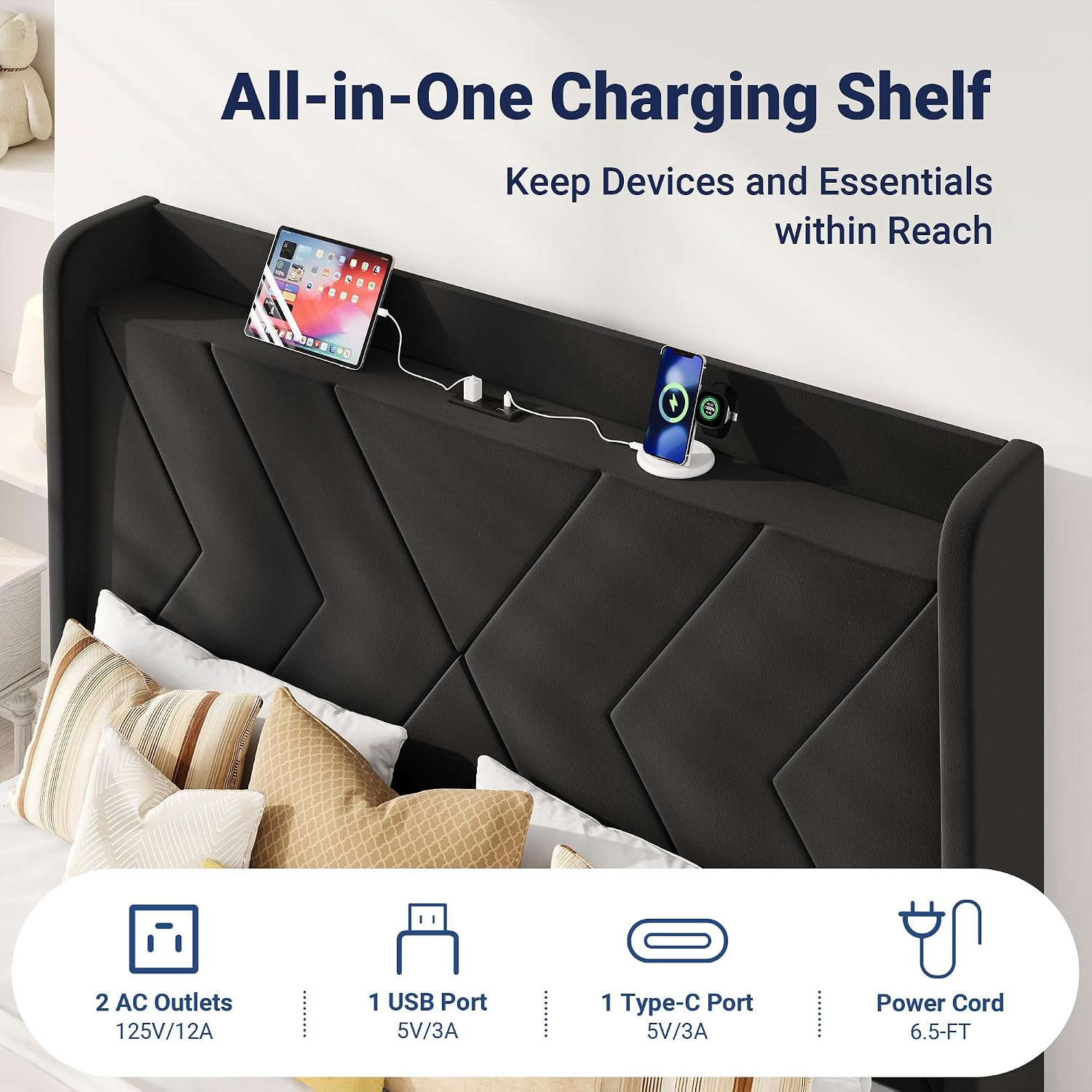 Allewie Full Size Platform Bed Frame with Charging Station and Storage Shelf/Upholstered Velvet Wingback Headboard/Wooden Slats Support/No Box Spring Needed/Easy Assembly, White