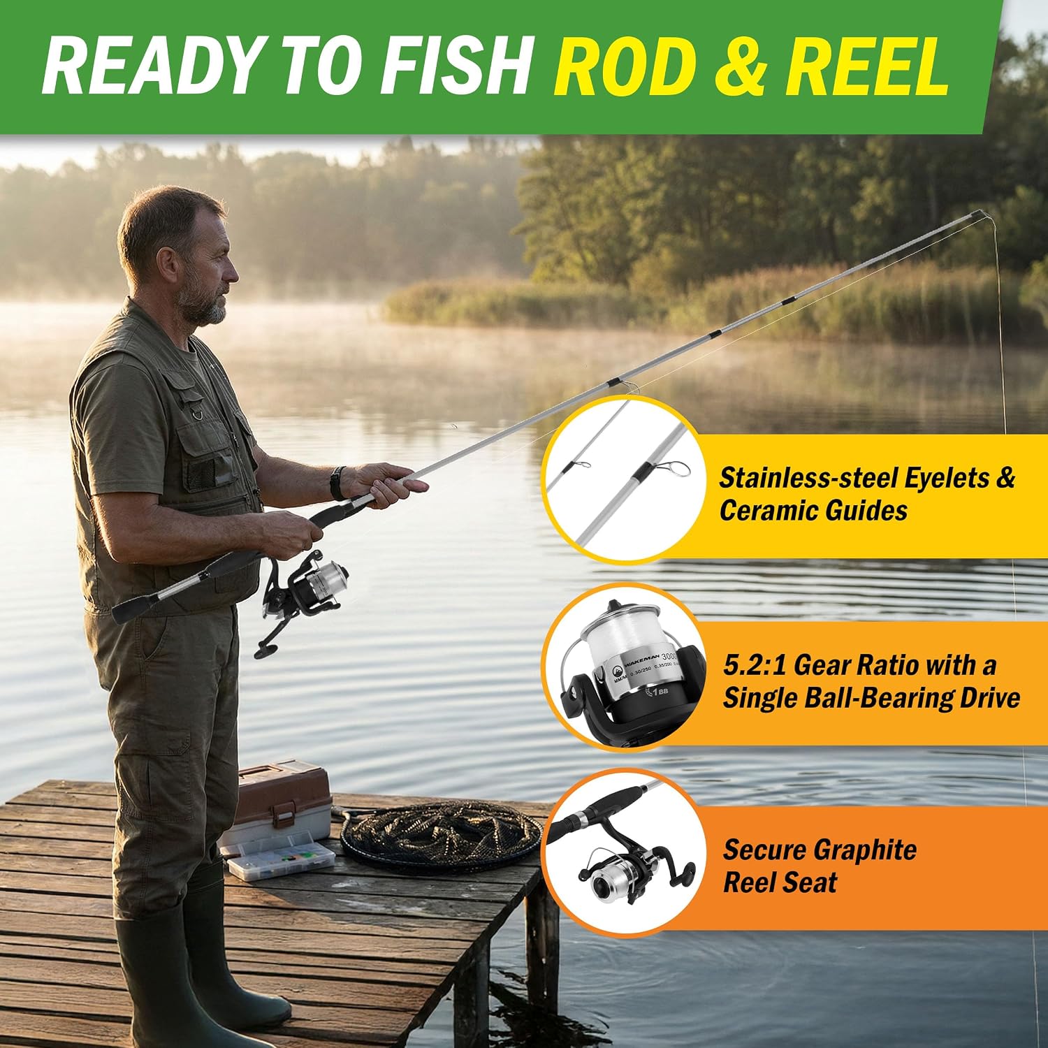 Fiberglass Fishing Pole - Strike Series 78-Inch Collapsible Rod and Spinning Reel Combo, EVA Handle, Pre-Spooled Reel, Fishing Gear for Catching Walleye, Bass, Trout, and More by Wakeman