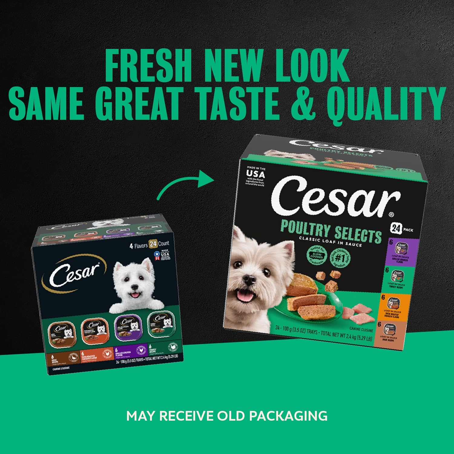Cesar Classic Loaf Wet Dog Food, Meaty Selects, 3.5 oz, 12 Count, 2-Pack | Made in USA, Filet Mignon & Porterhouse Steak flavors, real beef #1 ingredient, no artificial flavors, easy peel trays