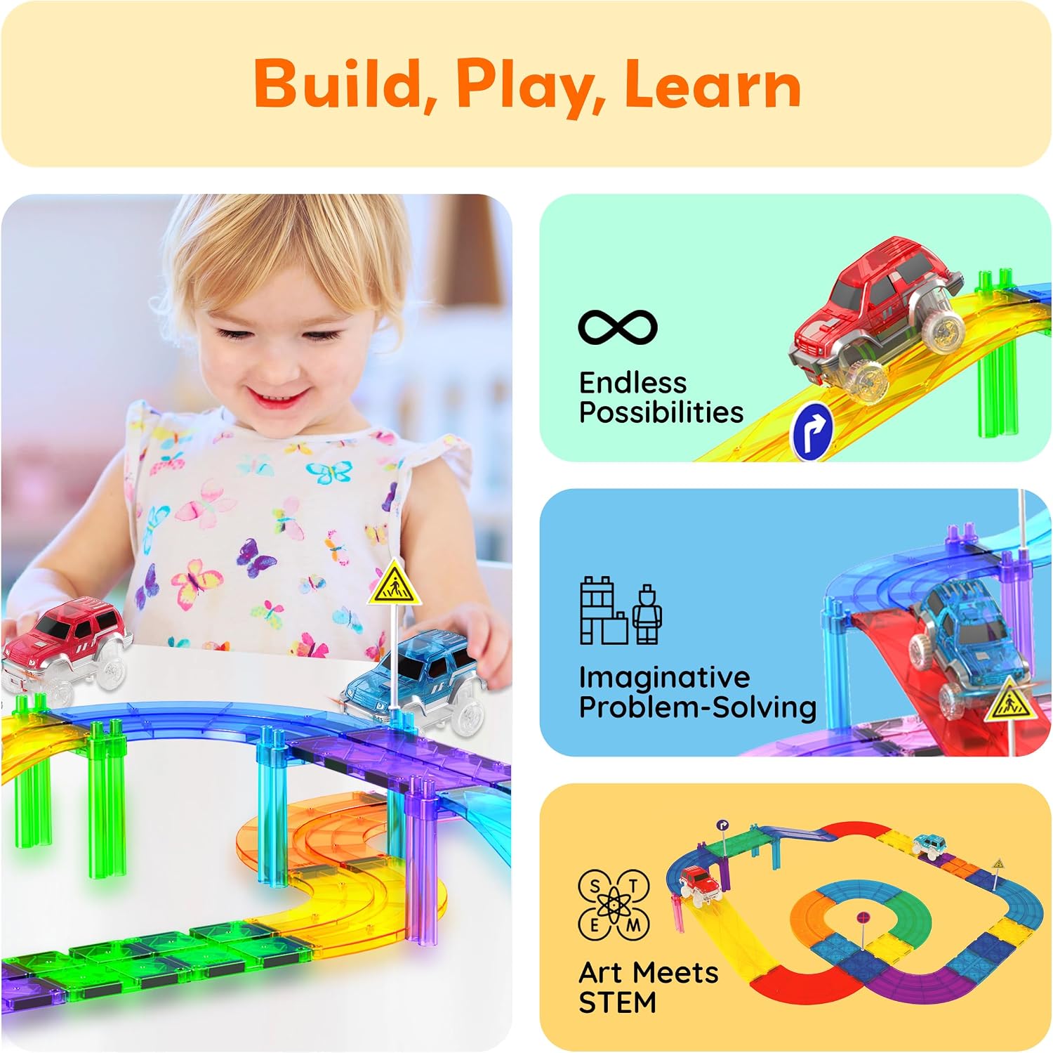 PicassoTiles Race Track Add-On Railway Magnetic Tiles STEM Construction Toy