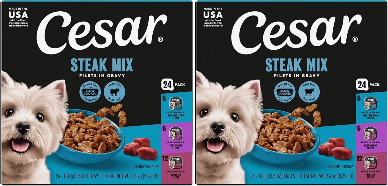 Cesar Filets in Gravy Wet Dog Food, Steak Mix Variety, 3.5 oz, 24 Count | Filet Mignon, New York Strip & Prime Rib, real meat, slow-cooked, no fillers/added sugar/artificial flavors, easy peel trays