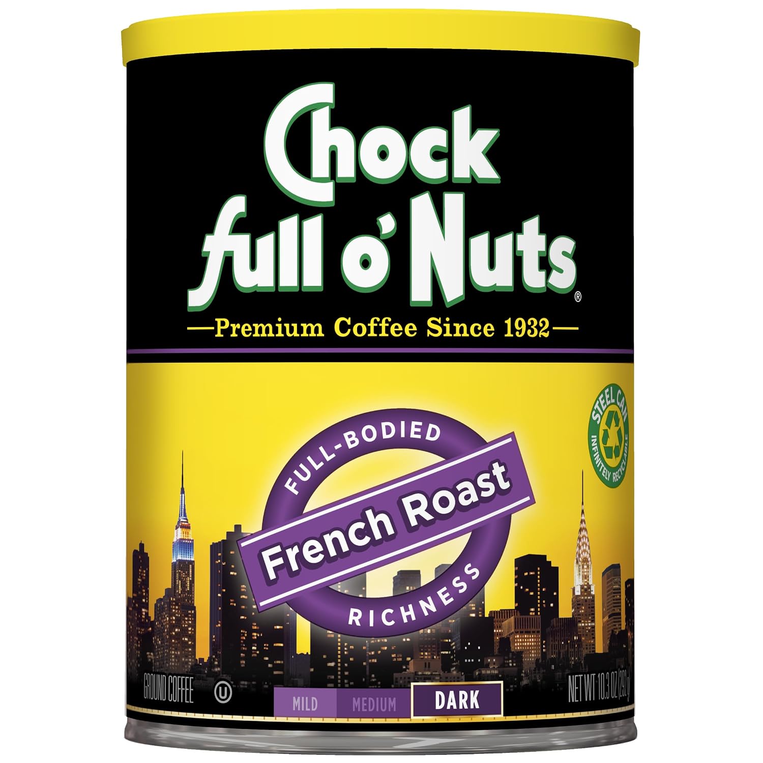 Chock Full o' Nuts French Roast Ground Coffee – Premium Beans in Recyclable Steel Can – Rich Flavor & Aroma, Dark Roast – Perfect for Drip, Pour-Over, Percolator – 26 Oz Can