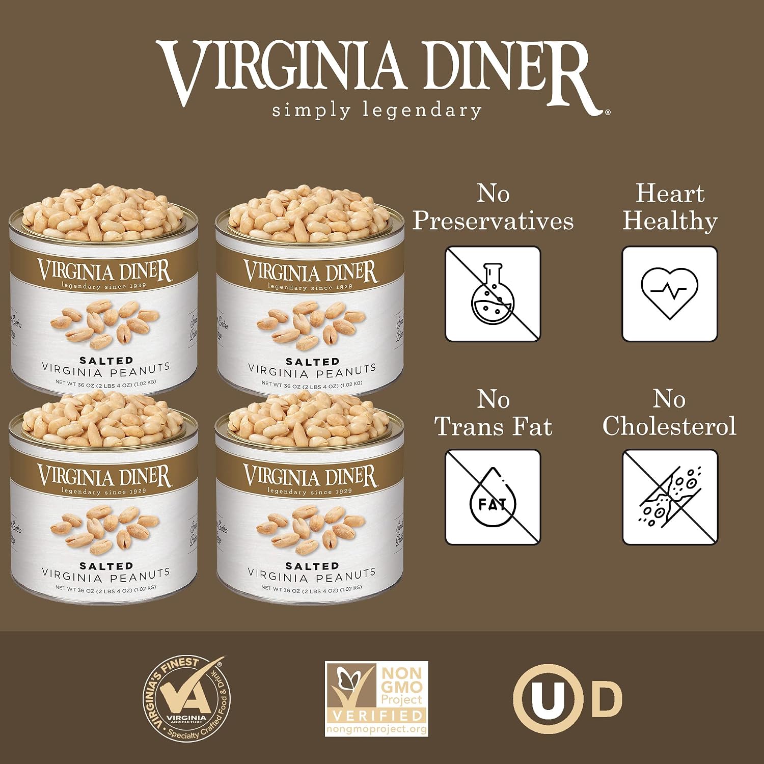 Virginia Diner Salted Virginia Peanuts - XL Gourmet Peanuts Non-GMO, Preservative Free Gifts from Virginia Since 1929-18 Oz Can