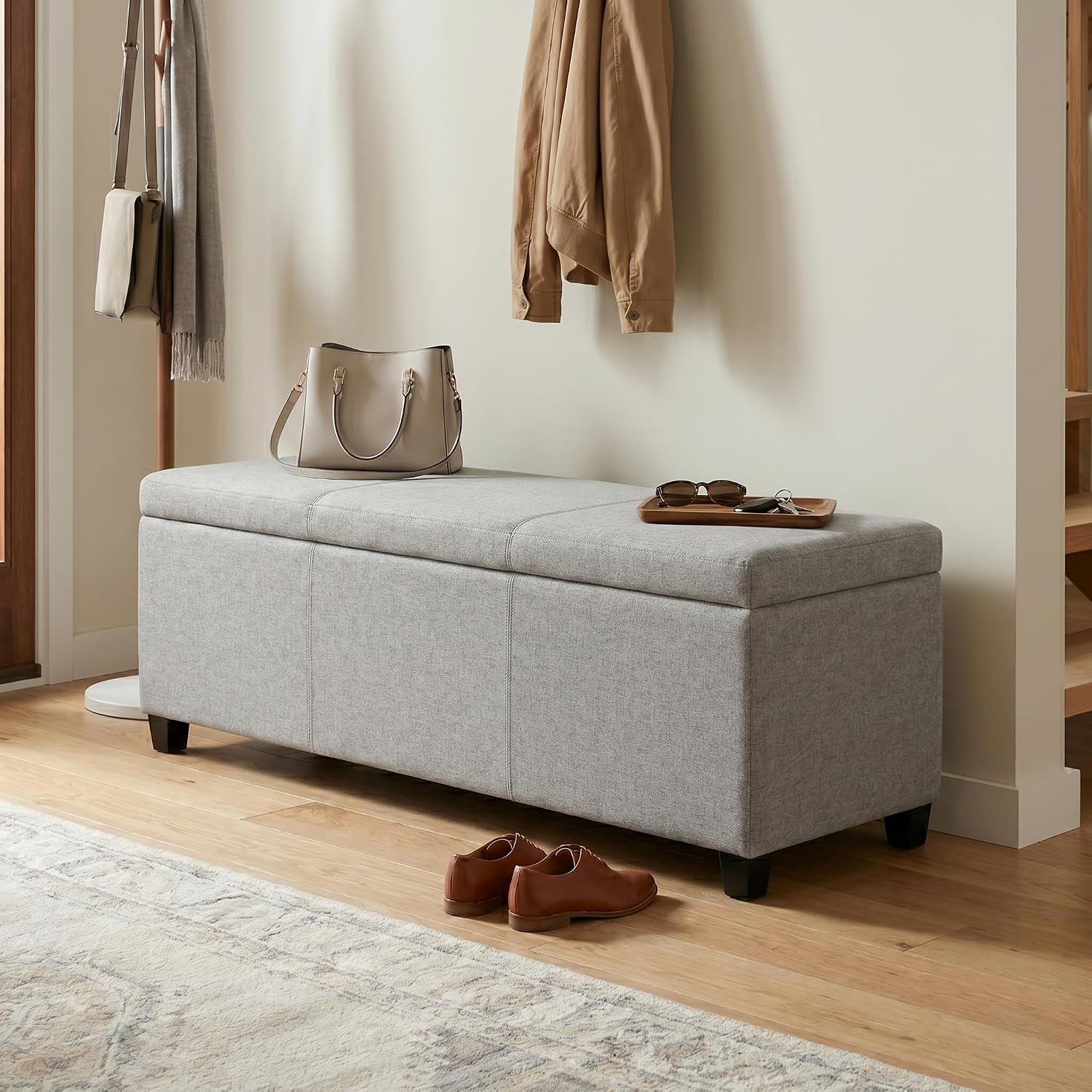 SIMPLIHOME Avalon 48" Wide Vegan Leather Storage Ottoman in Brown
