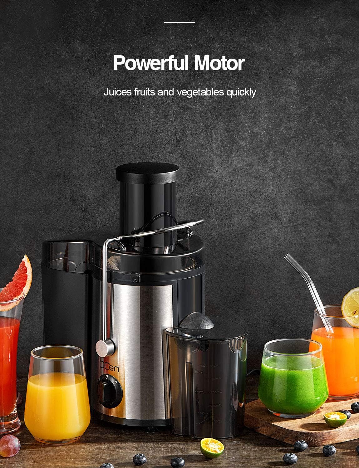 QCen Juicer Machine 500W Centrifugal Juicer with Extra Wide Feed Chute