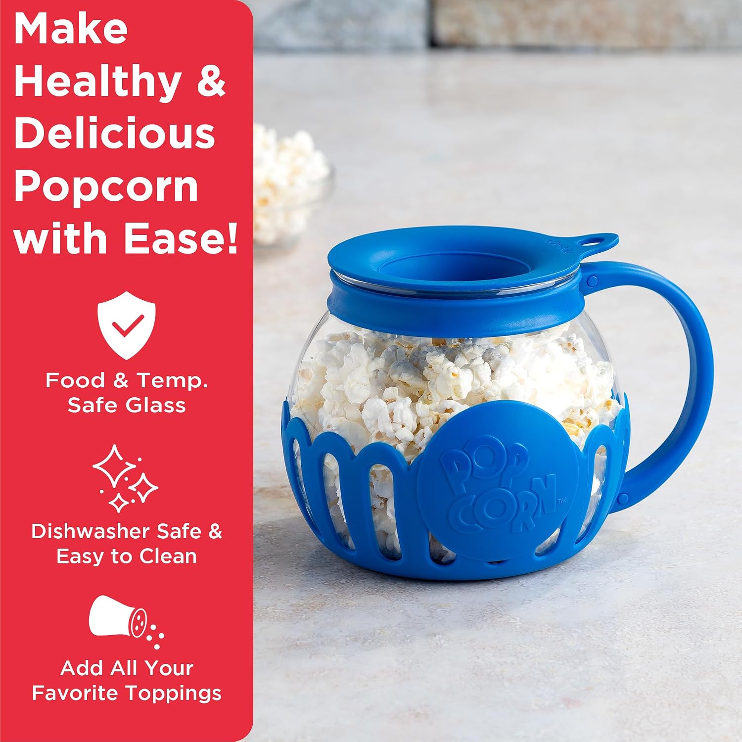 Ecolution Patented Micro-Pop Microwave Popcorn Popper with Temperature Safe Glass, 3-in-1 Lid Measures Kernels and Melts Butter, Made Without BPA, Dishwasher Safe, 3-Quart, Red