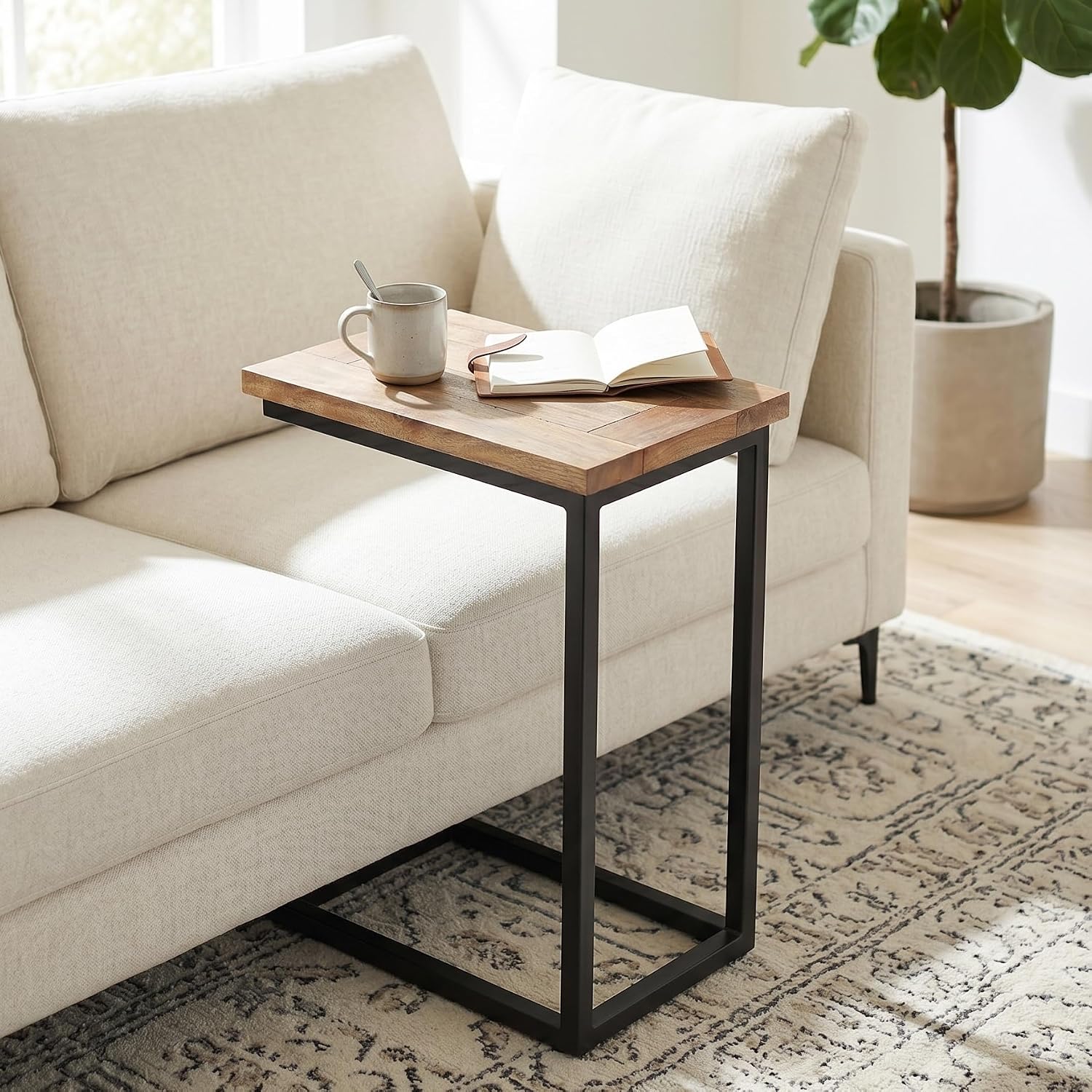 SIMPLIHOME Skyler 18" Wide Solid Wood C-Side End Table in Dark Cognac Brown | Industrial slide-under accent table with open frame, assembled; perfect for living rooms as a side table or sofa table.
