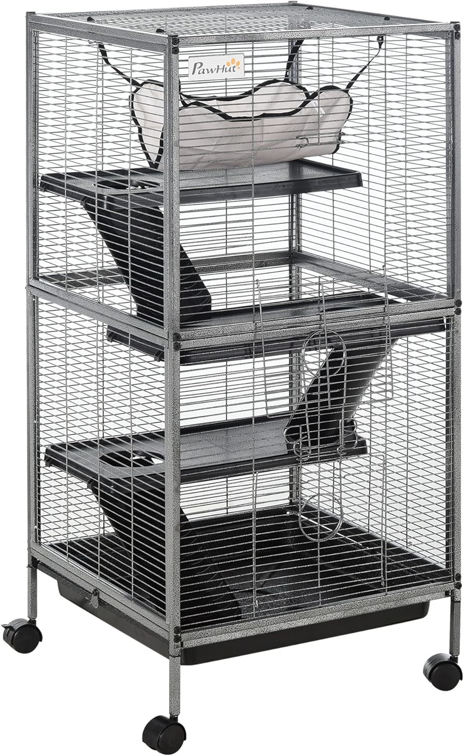PawHut Metal Small Animal Cage, 4-Tiers Rolling Big Ferret Cage, Gray