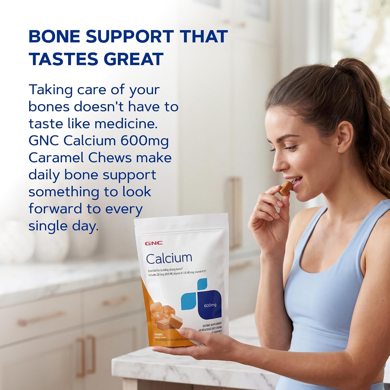GNC Calcium 600mg Supplement, Supports Strong Bones, Caramel, 60 Servings