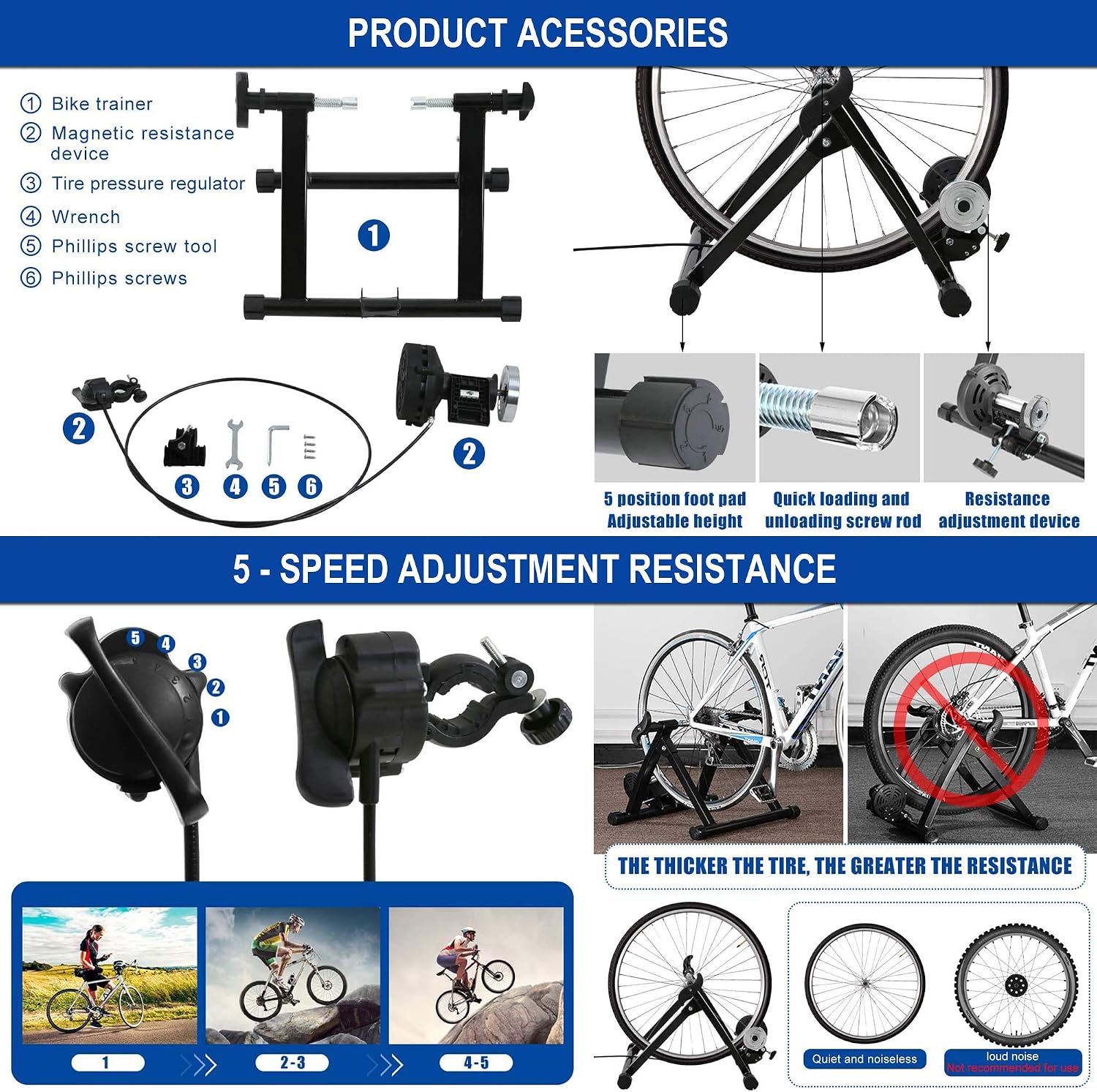Portable Bike Trainer Stand Bicycle Trainers Road, Bike Trainer for Indoor Riding Magnetic Bike Trainer with Noise Reduction Wheel 5 Levels Resistance