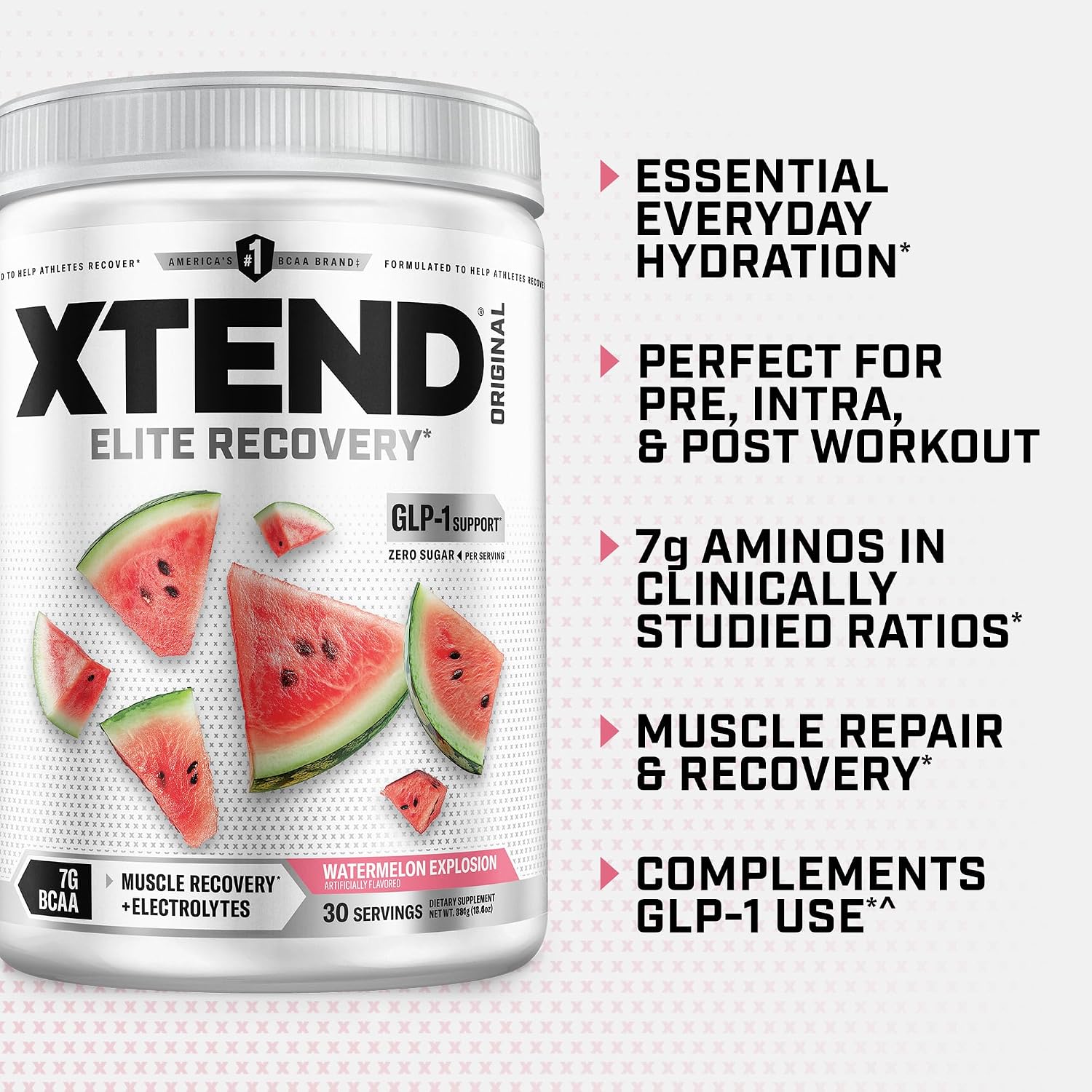 Xtend Original BCAA Powder, 7g BCAAs and 2.5g L-Glutamine for Muscle Recovery Hydration and Lean Muscle, Sugar Free Intra and Post Workout Drink with Electrolytes, Watermelon Explosion, 30 Servings
