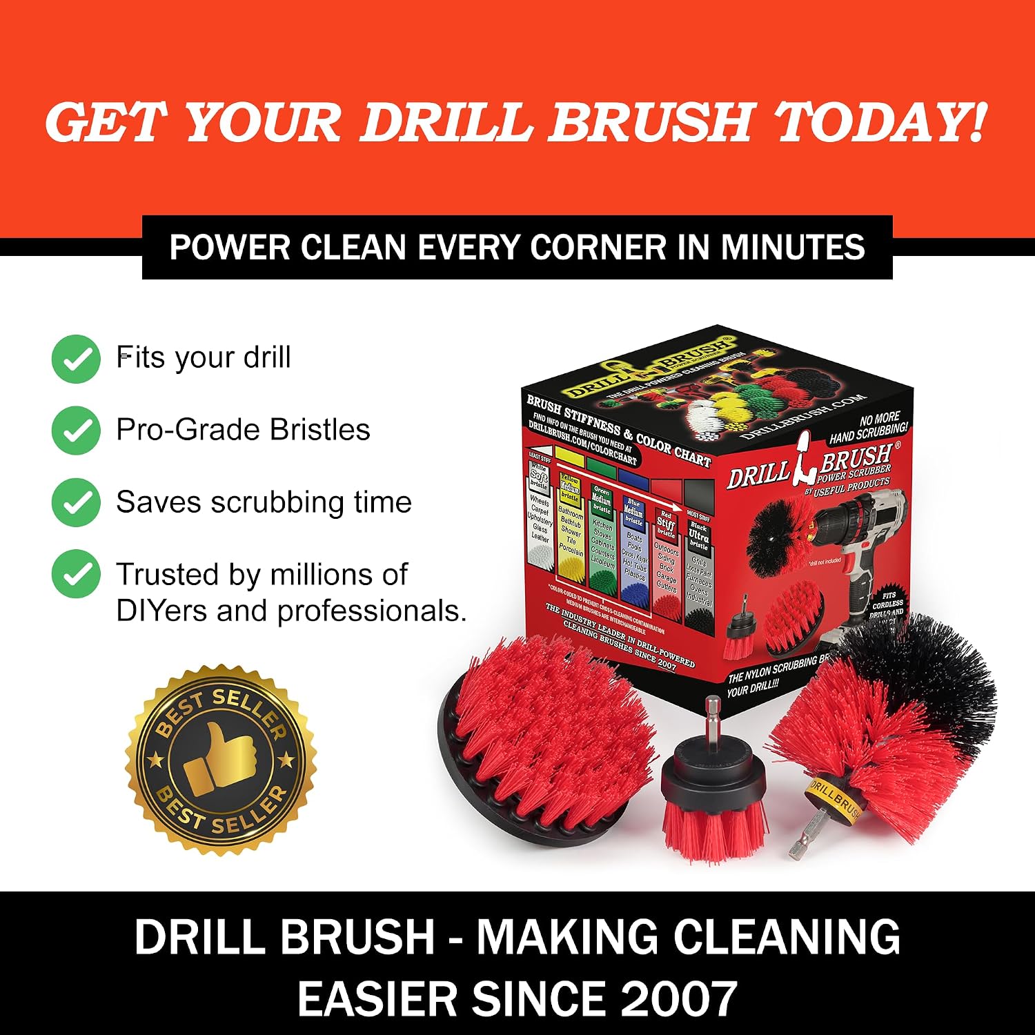 Drillbrush Drill Brush Attachment Set for Bathroom, Tile & Grout Cleaning | Power Scrubber Brush Kit for Bathtub & Shower - All-Purpose Household Cleaning Brushes for Drill - Electric Grout Cleaner Kit