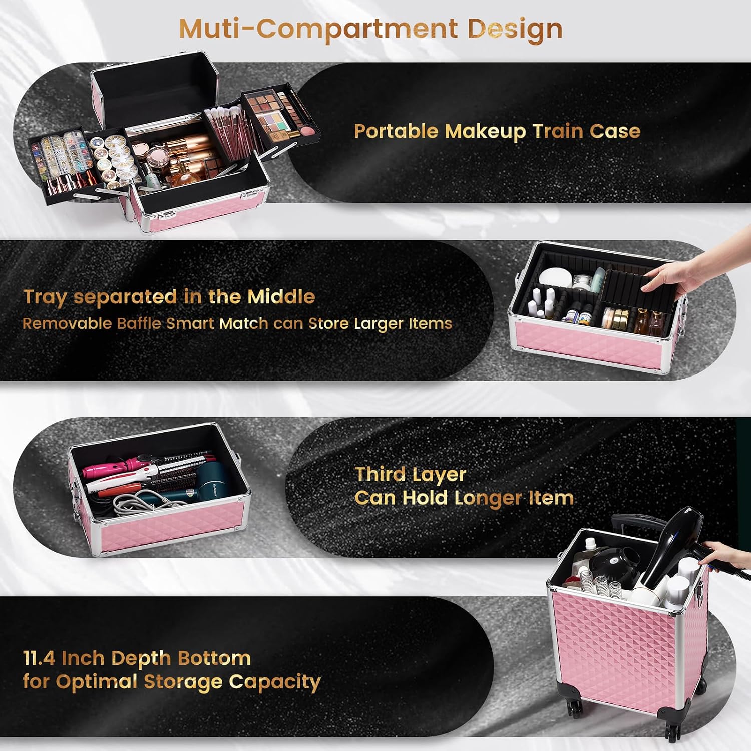Stagiant Rolling Makeup Case Cosmetology Case on Wheels 4 in 1 Large Cosmetic Organizer Train Case Makeup Travel Case with Key Swivel Wheels Nail