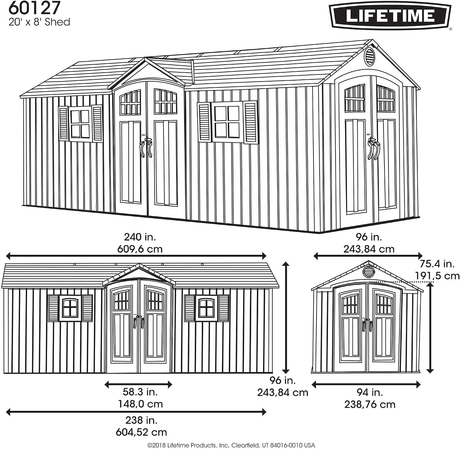 Lifetime 20 x 8 Ft. Outdoor Storage Shed with Steel Reinforced HDPE Walls, Lockable Doors, Windows, Skylights, Adjustable Shelving