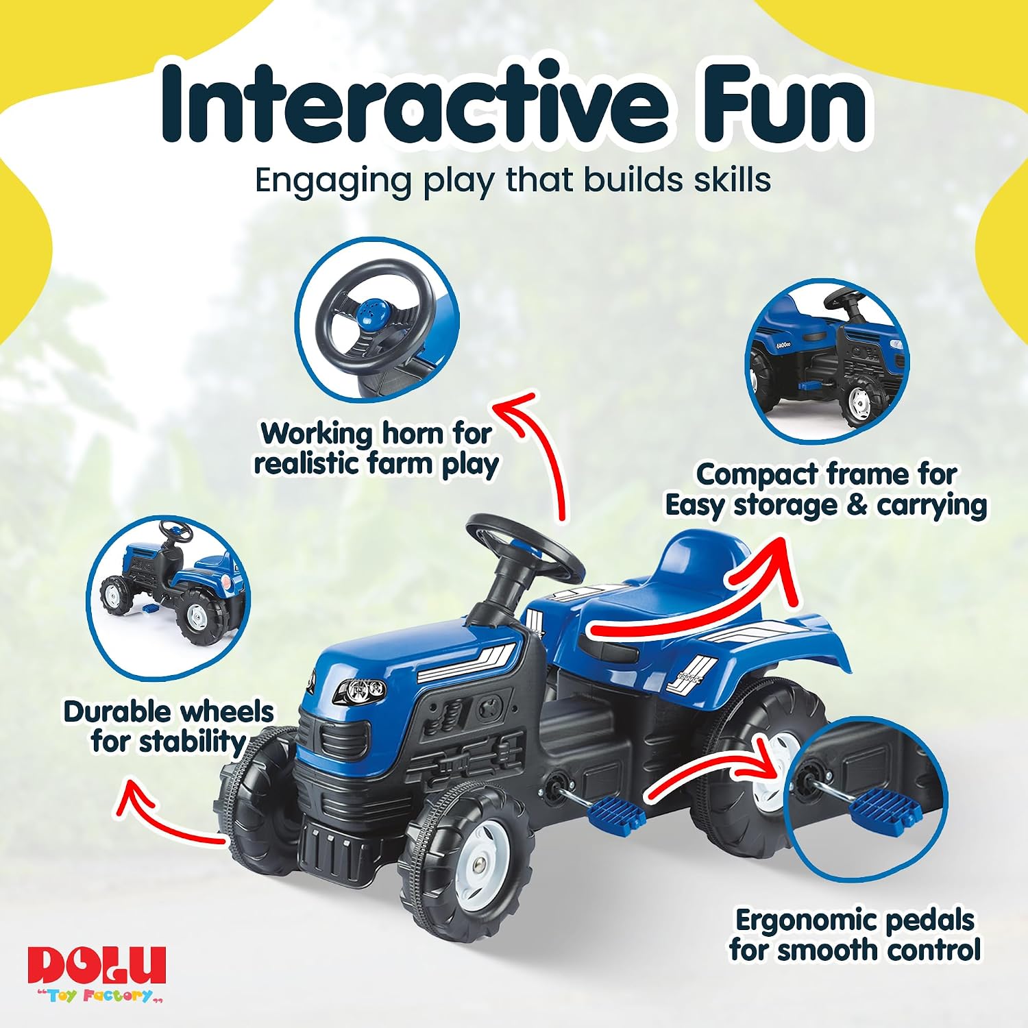 DOLU Ranchero Pedal Operated Ride On Tractor for Kids, Indoor Outdoor Toy Vehicle with Fun Horn and Sturdy Build for for Ages 3 Years and Older, Blue