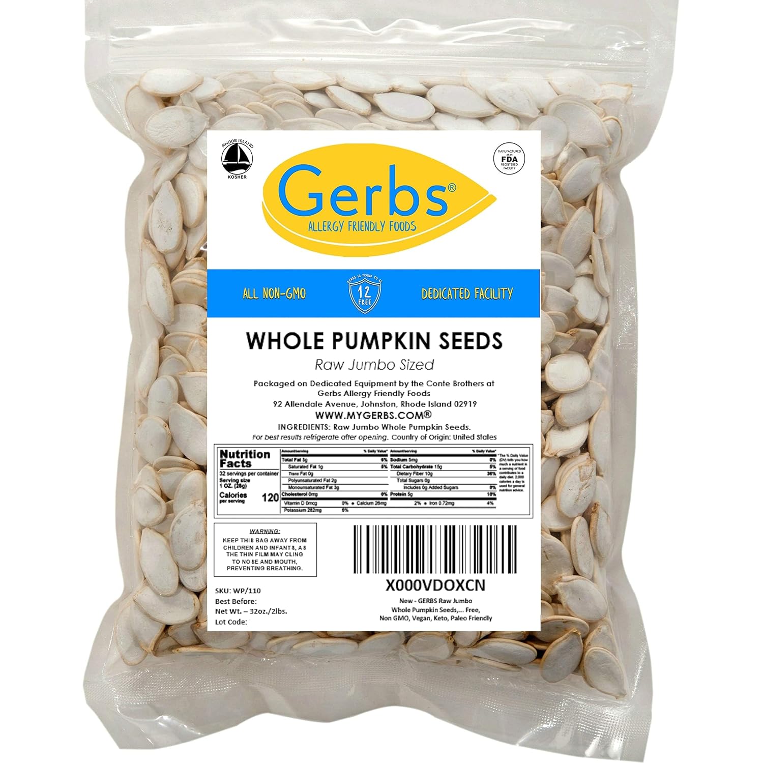 Gerbs Raw Whole Pumpkin Seeds 2 lbs. | In-Shell, 10.5 mm Size, Resealable Bag | Mildly Nutty & Crunchy | Top 14 Allergen-Free