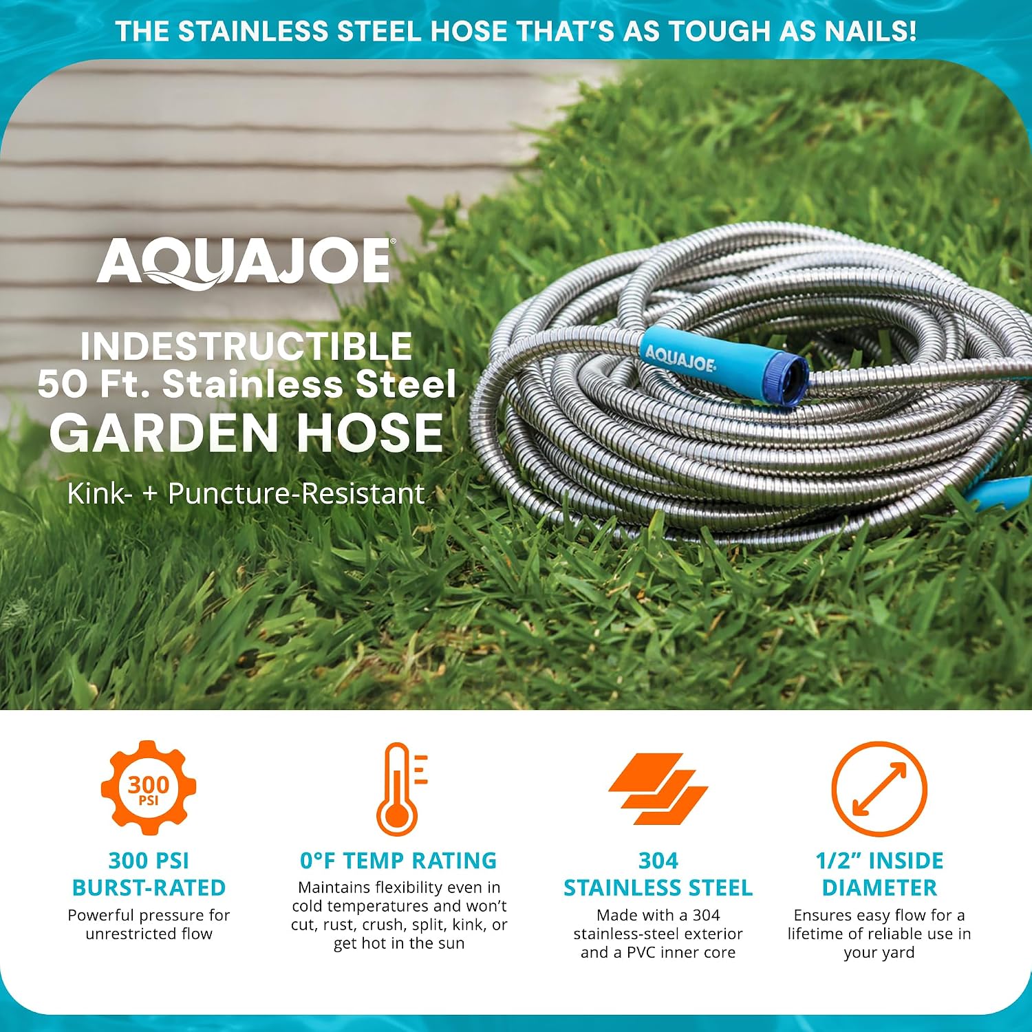 Aqua Joe 50-Foot Heavy Duty Garden Hose, Spiral 304 Stainless Steel Metal Hose, Puncture Proof, 1/2 Inch Diameter with Aluminum Fittings, AJSGH50