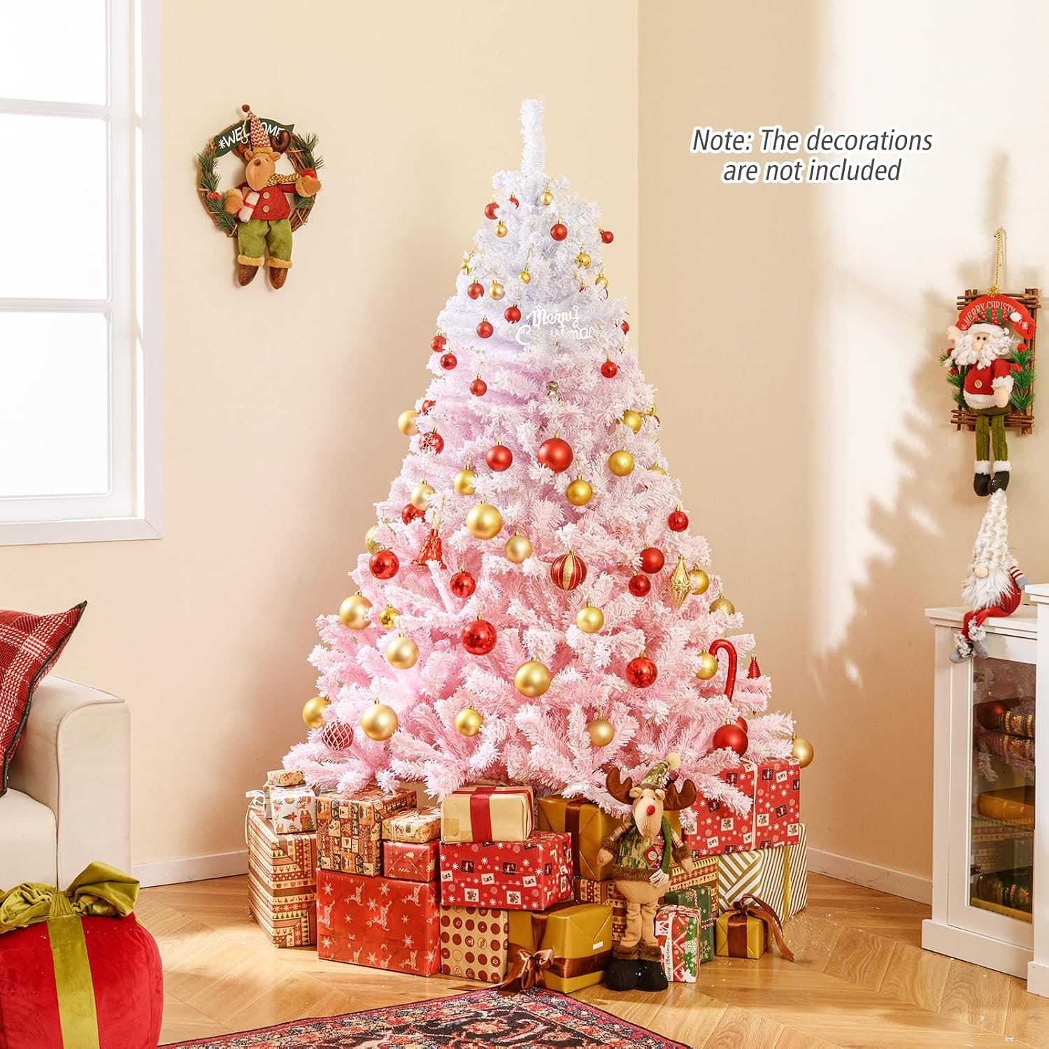 Goplus 7.5ft Pre-Lit Artificial Christmas Tree, Premium PVC Snow Flocked Hinged Pine Tree with Metal Stand and LED Lights