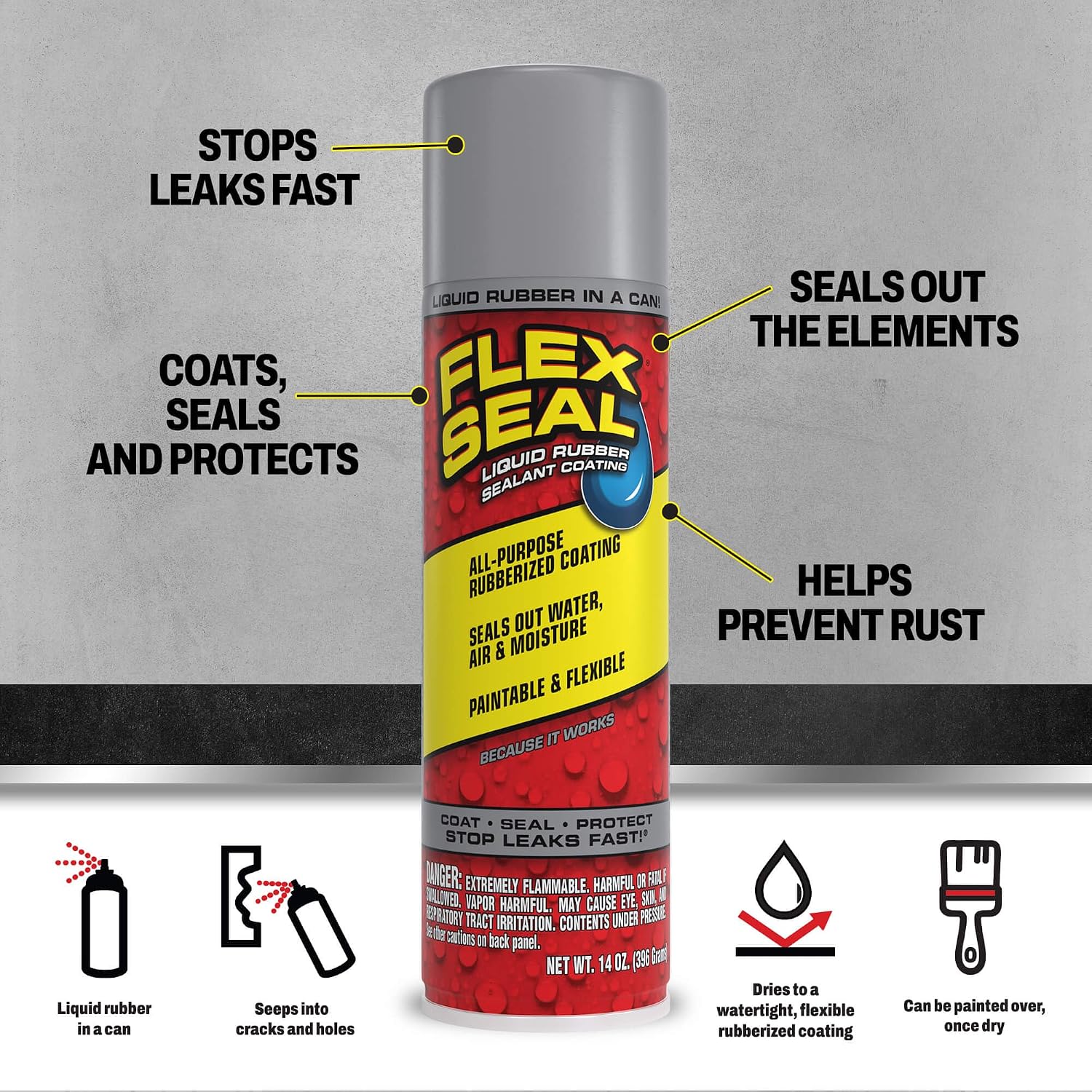 Flex Seal, 14 oz, 2-Pack, Black, Stop Leaks Instantly, Waterproof Rubber Spray On Sealant Coating, Perfect for Gutters, Wood, RV, Campers, Roof Repair, Skylights, Windows, and More