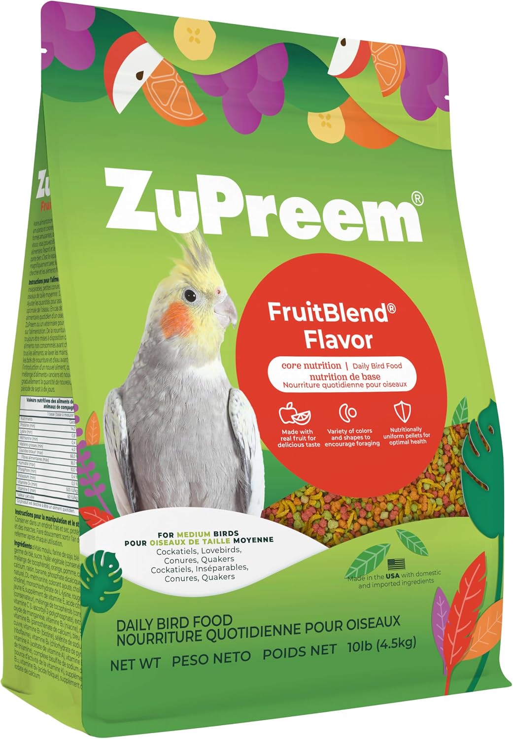 ZuPreem FruitBlend Cockatiel & Conure Food, Uniform Bird Food, M, 2 lb | Bird Food Pellets, Real Fruit, Blend, Cockatiel Food, Conures, Lovebirds, Love Bird Pellets, Quaker, Parrot, Medium Birds